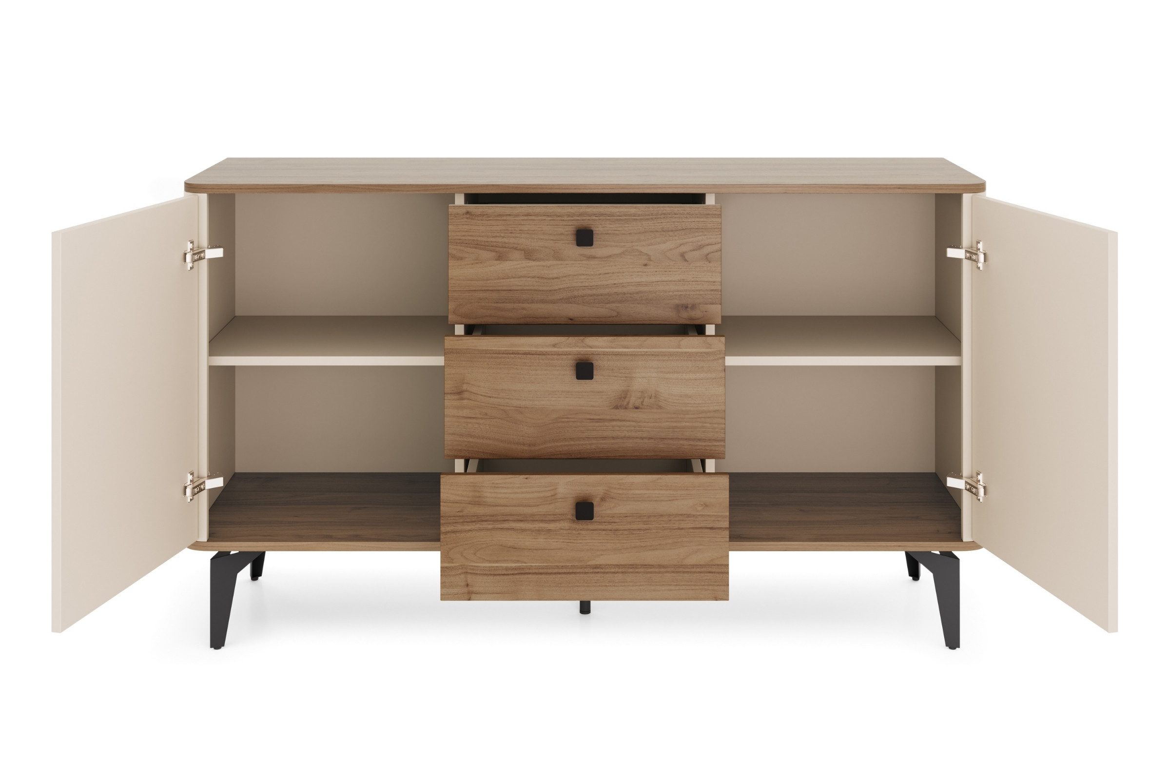 Deine Möbel 24 Kommode AURO 04 Sideboard mit 3 Schubladen, 2 Türen & Einlegeböden (140 cm breit, 1 St., AURO - Kollektion), Soft-Close & Push-to-Open, Metallfüße, Kaschmir/Royal Nussbaum