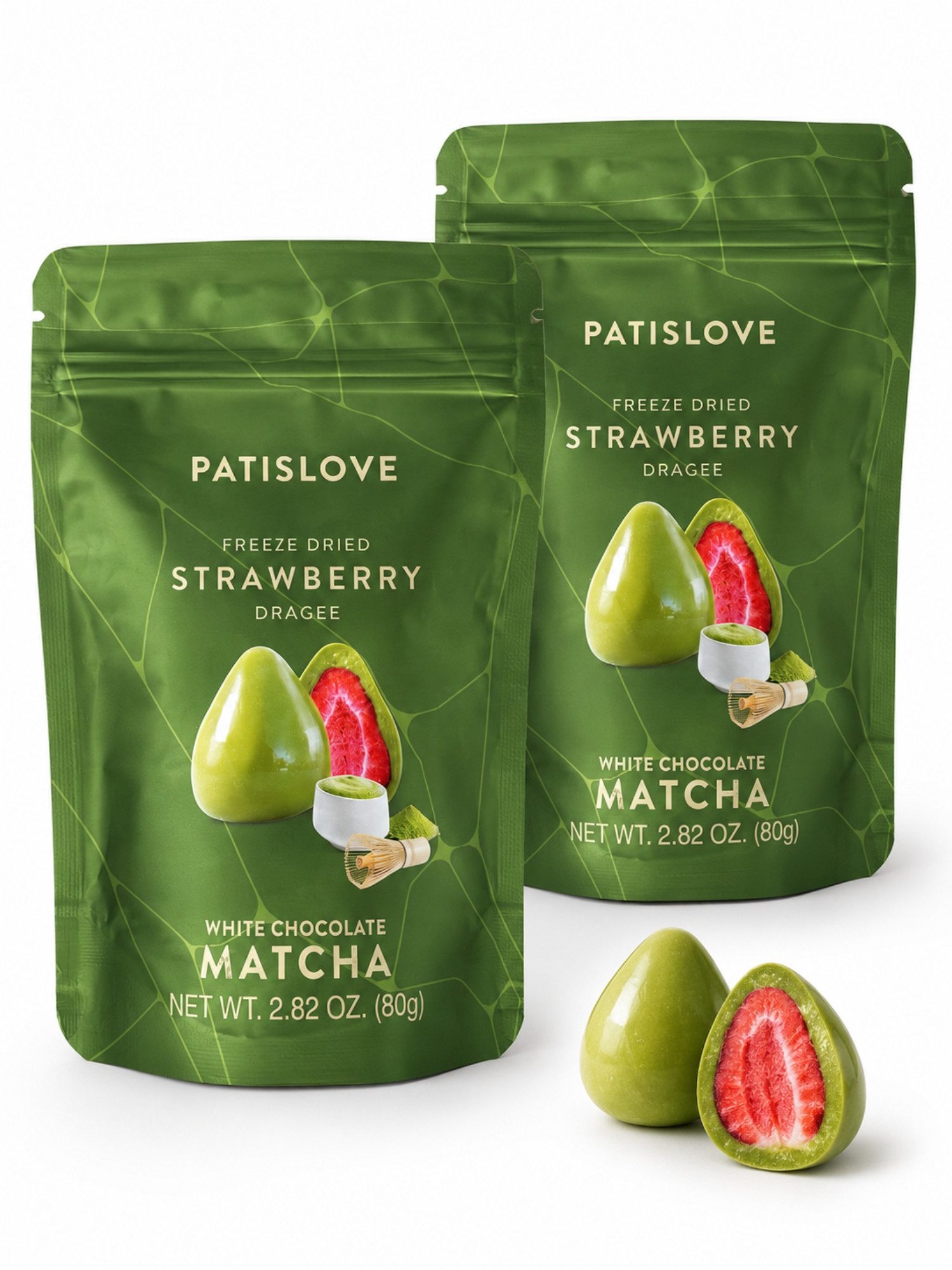PATISLOVE Schokolade Matcha Erdbeer-Dragees gefriergetrocknet 80 g süßer Snack, 1 x 80 g, mit gefriergetrockneter Erdbeere, mit Matcha