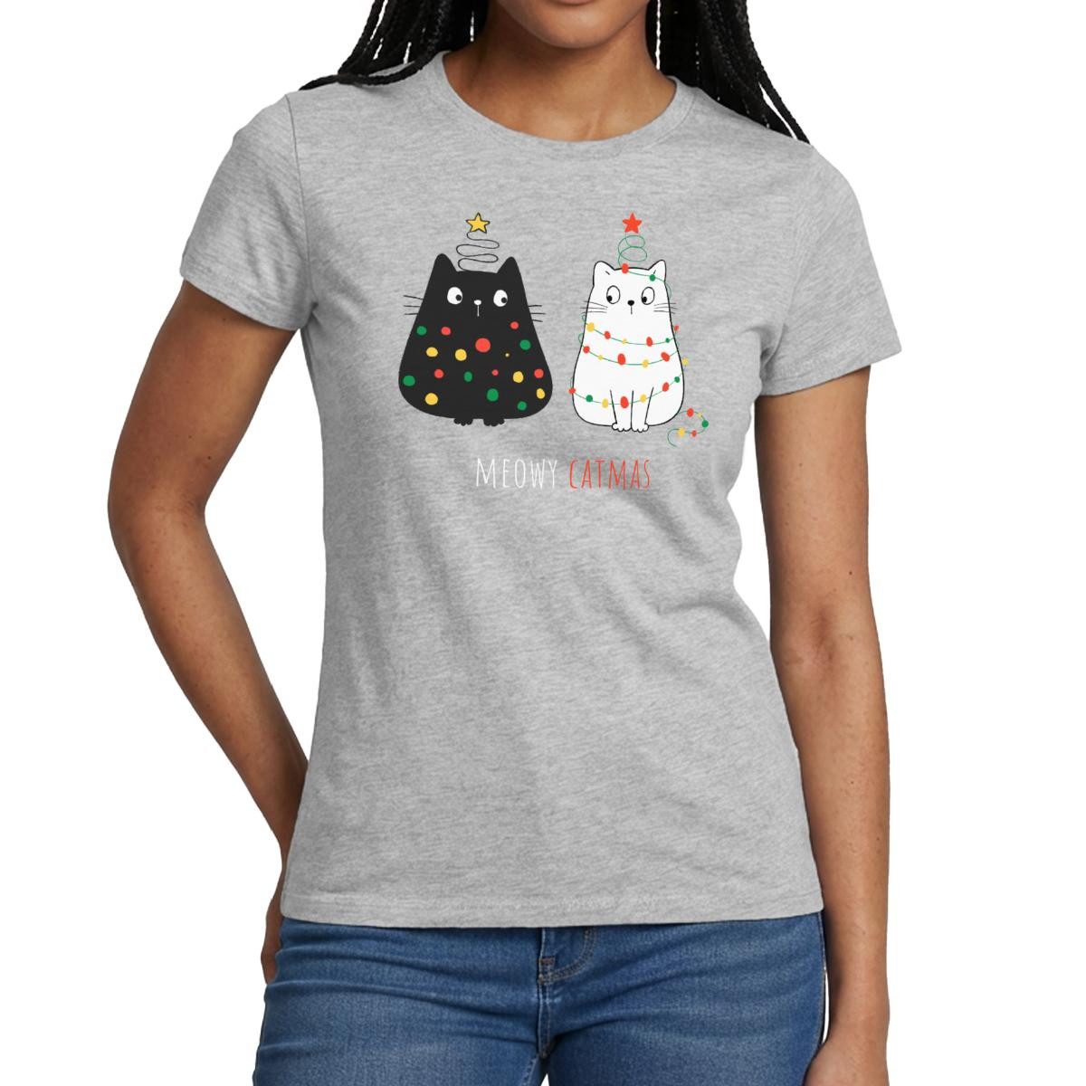 T-Shirt Meowy Catmas Christmas LLustiger Katzenbaum Frauen T-Shirt