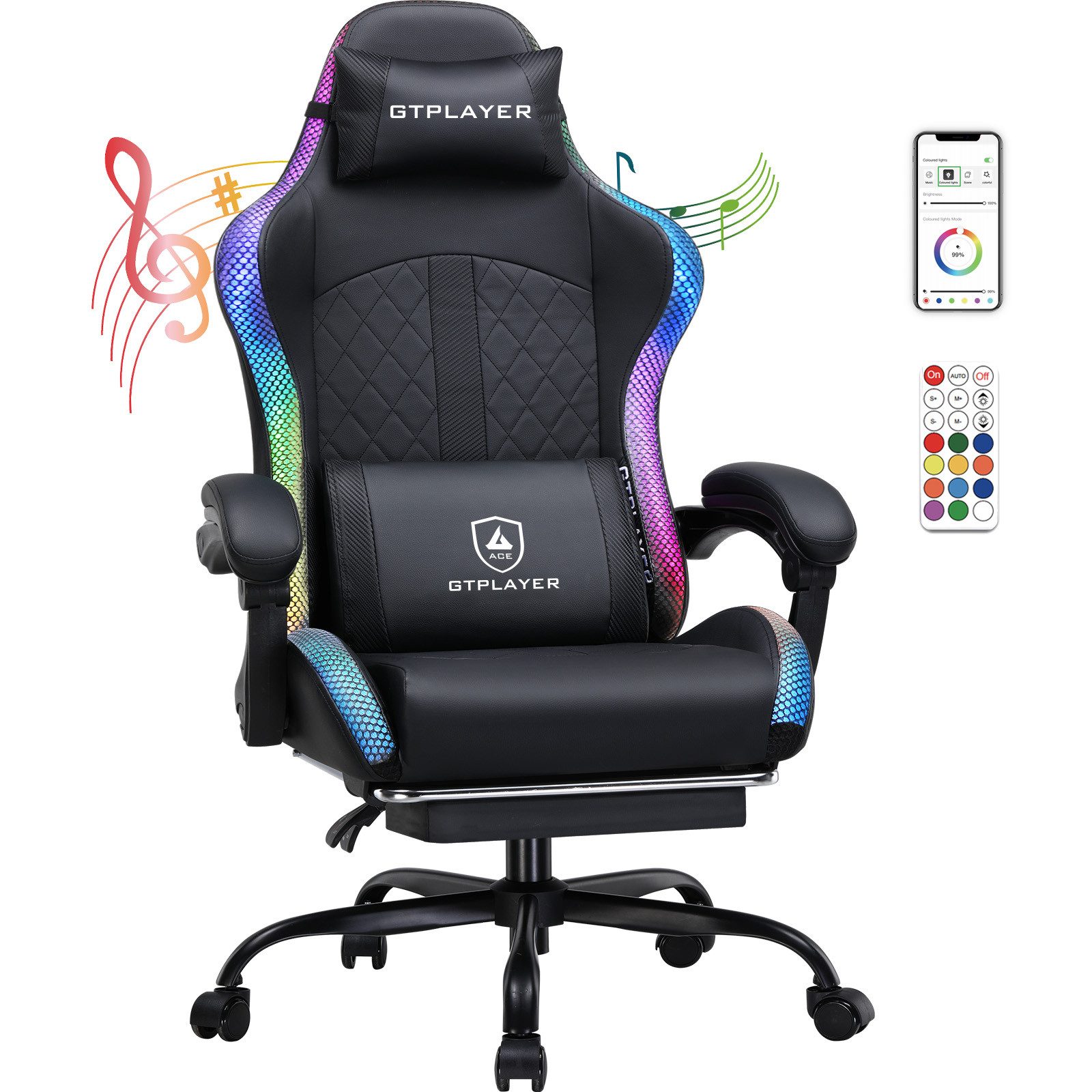 GTPLAYER Gaming-Stuhl Gaming Chair mit Lautsprecher und LED, Bürostuhl, Gamer Stuhl, Fernbedienung und APP-Steuerung, 150KG