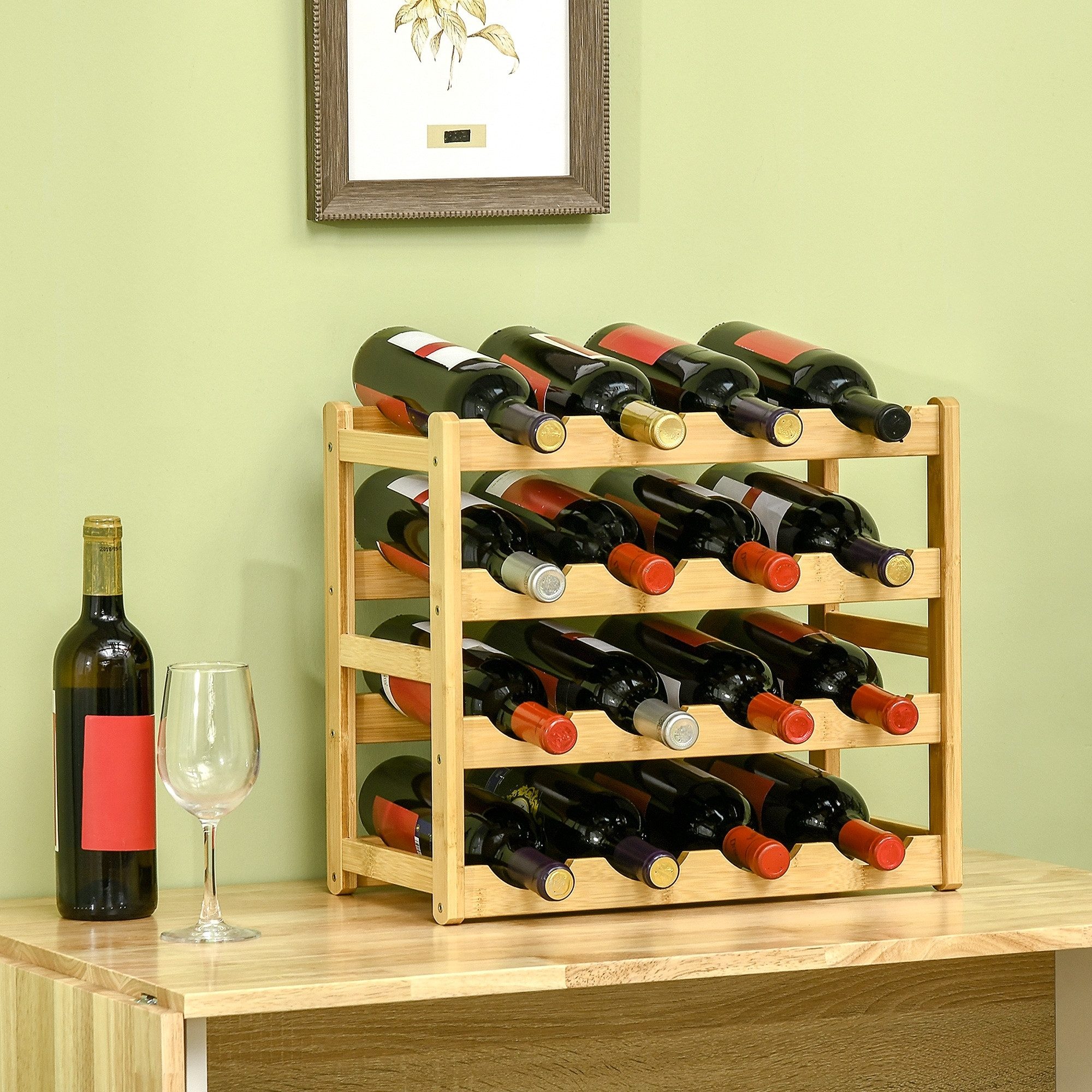 HOMCOM Weinregal für 16 Flaschen Stapelbar aus Bambus für Keller, Lagerraum, Wasserfestes Standregal Getränkeregal 1-tlg., Naturholz, 43 x 23,5 x 38 cm