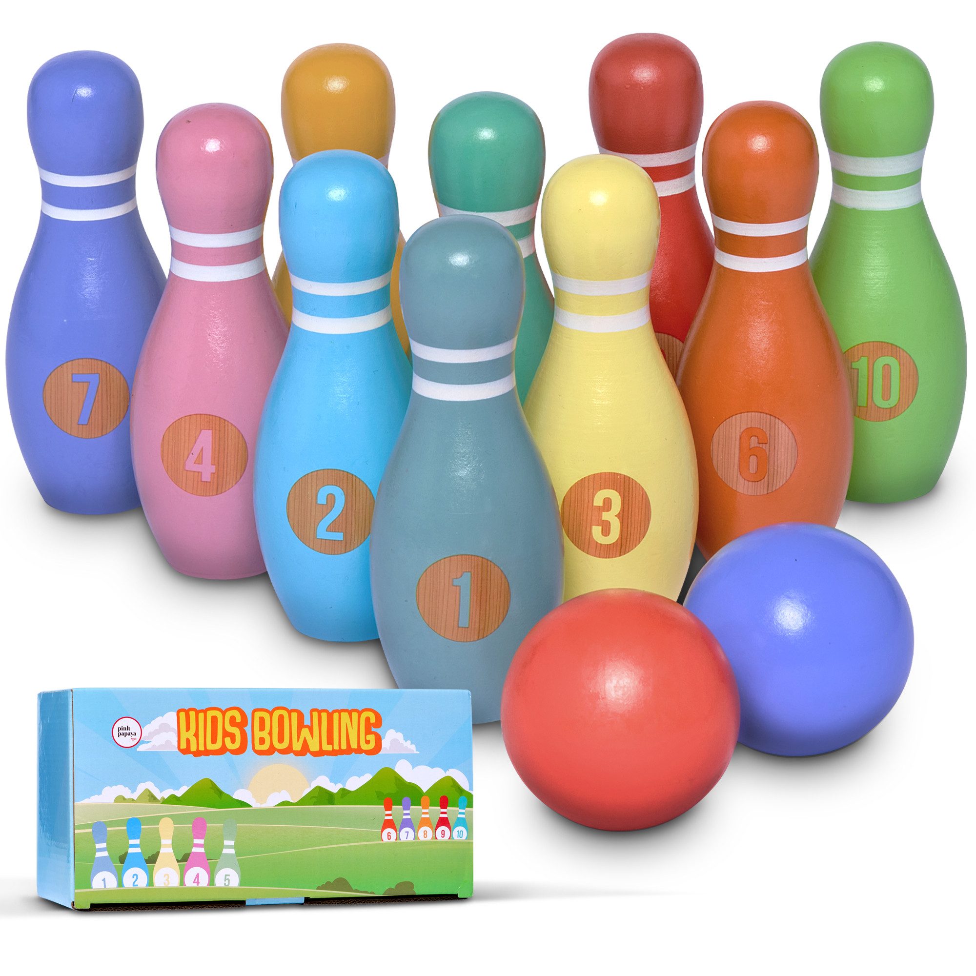 Pink Papaya Spiel Kids Bowling Classic, Familien- und Kinderspiel, 100 % Massivholz, schult Motorik & Koordination
