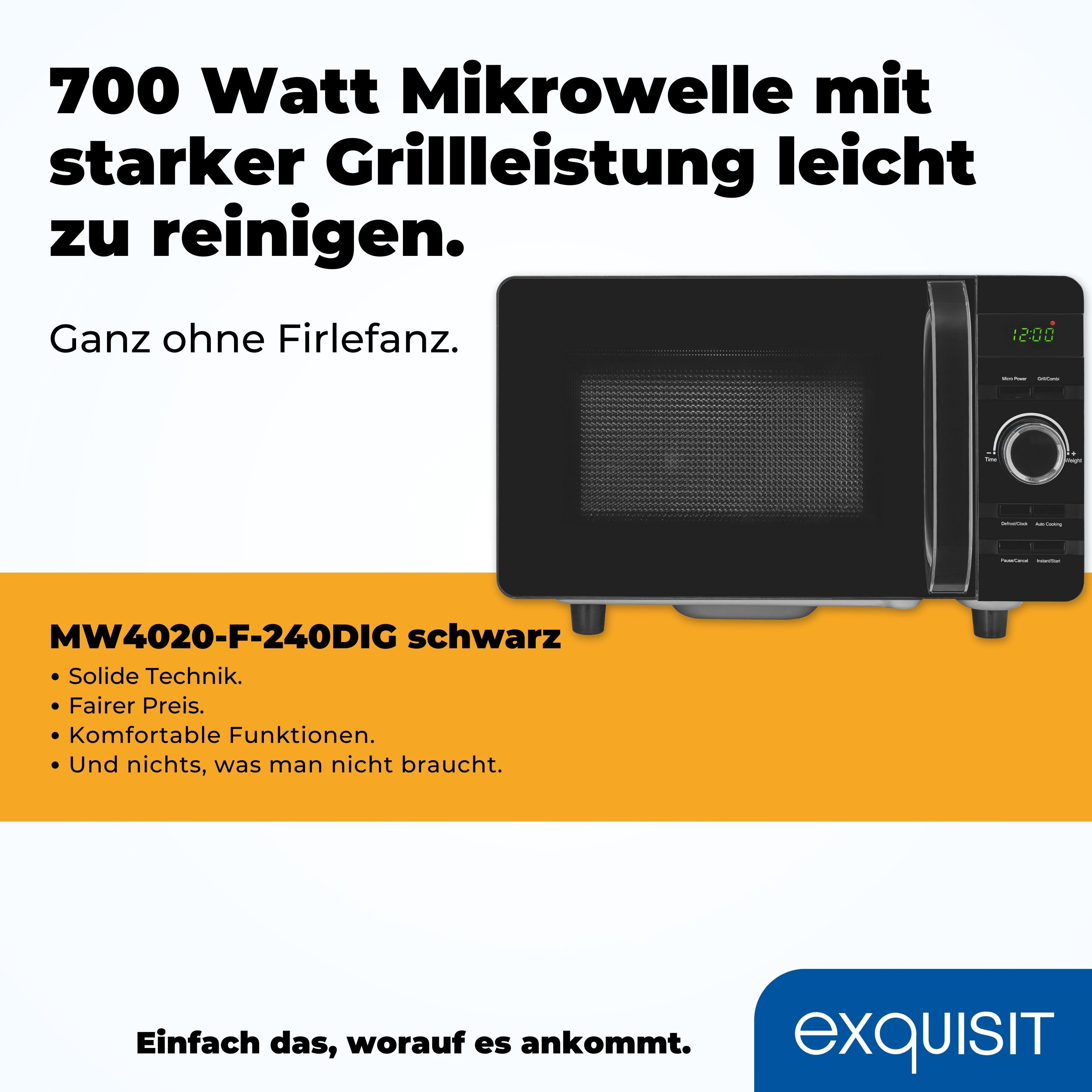 exquisit Mikrowelle MW4020-F-240DIG, Mikrowelle, Grill, 20 l, Elektronische Steuerung, 8 Automatische Kochprogramme