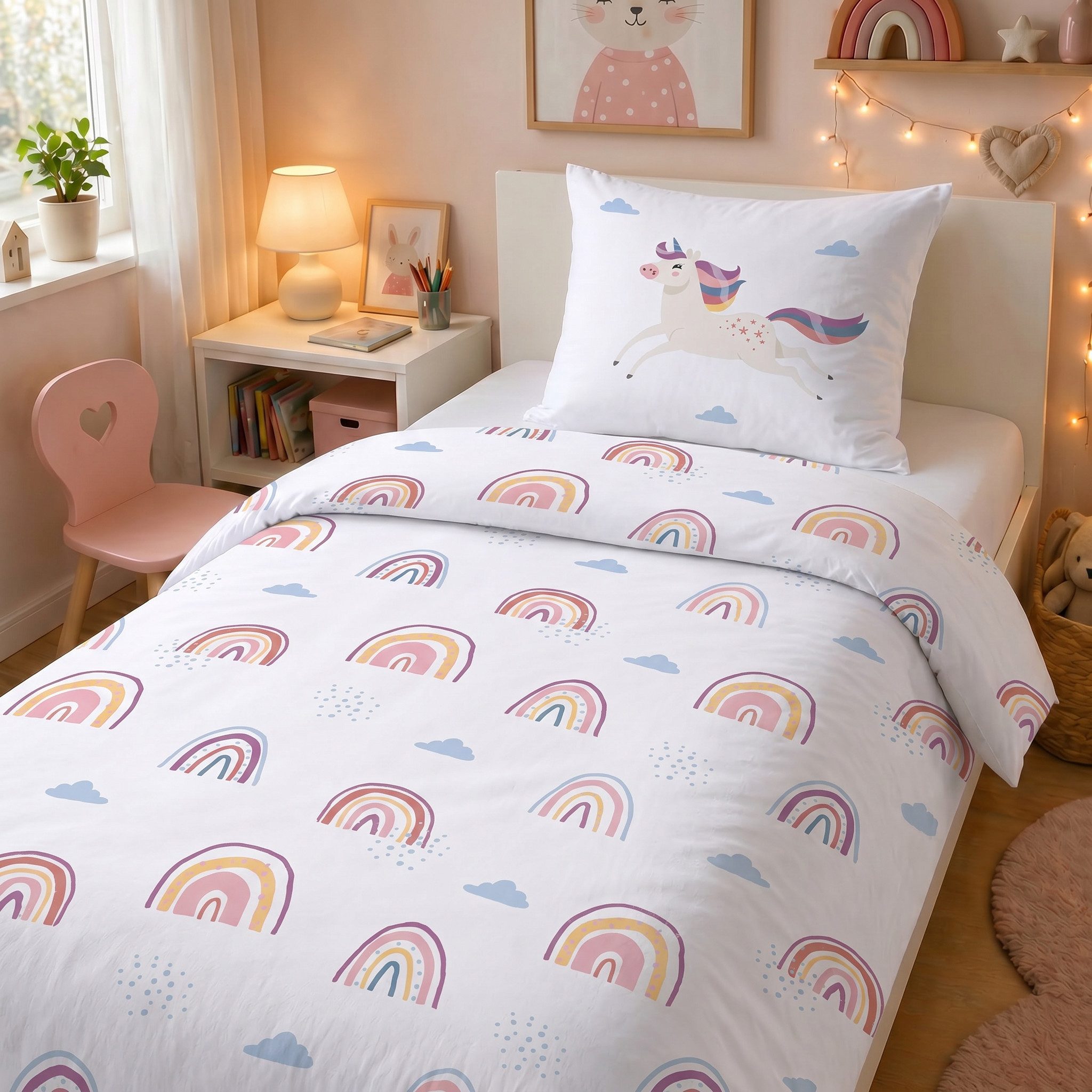 LINKHOFF Kinderbettwäsche Einhorn Bettwäsche 135x200 – 100% Baumwolle Mädchenbettwäsche, Unicorn Kinderbettwäsche 135x200 Regenbogen – Reißverschluss