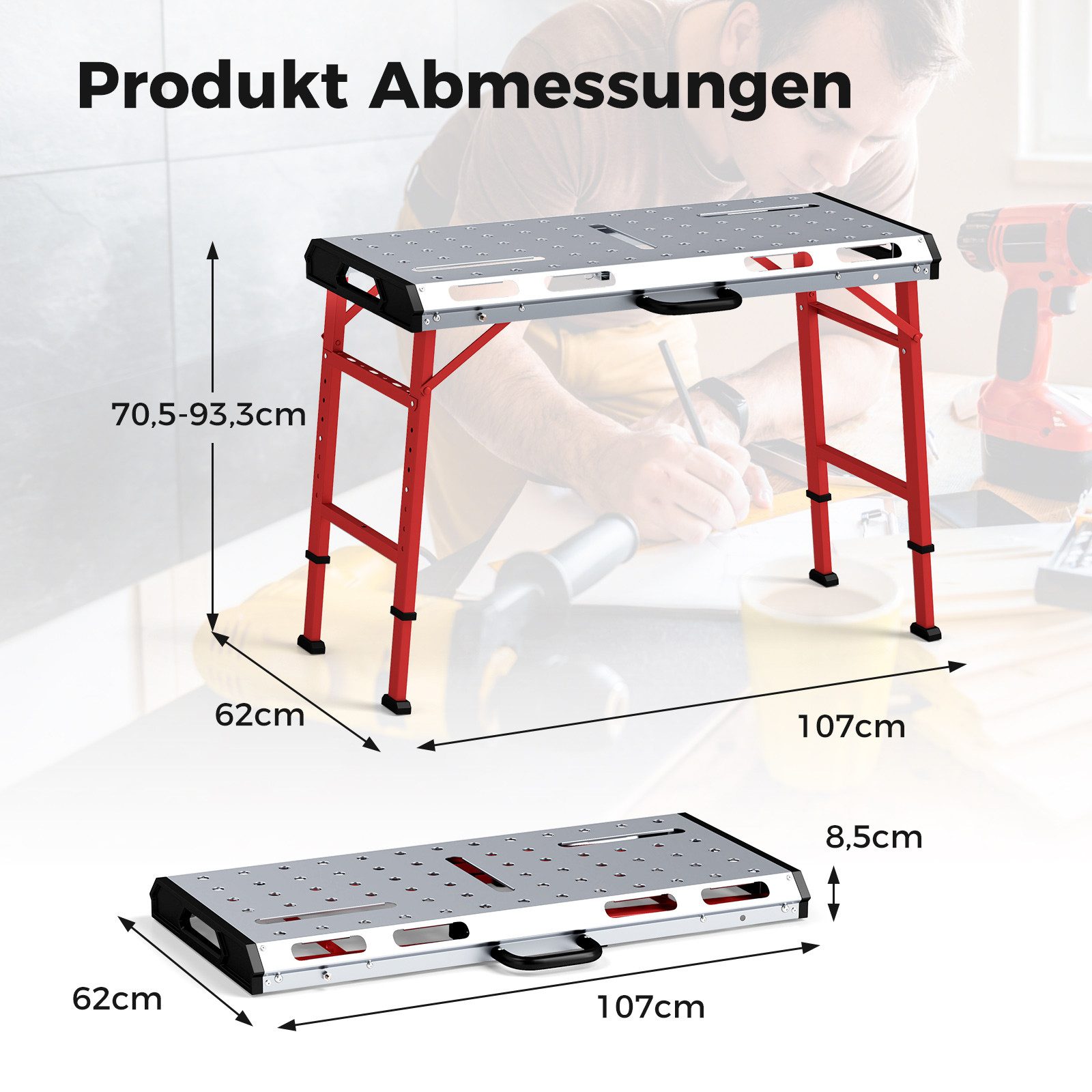 COSTWAY Werkbank, mit 2 Stangenklemmen & Tragegriff höhenverstellbar bis 450kg