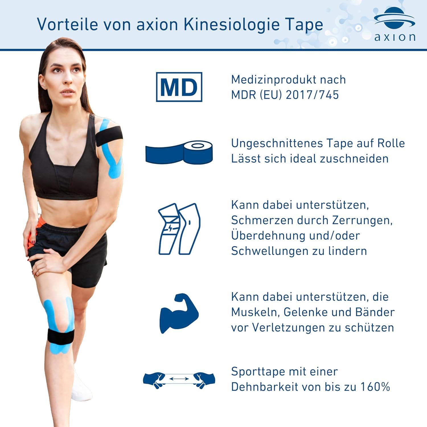 Axion Kinesiologie-Tape Kinesio-Tape - Wasserfestes Tape, verschiedene Farben, je 500 x 5 cm (Set, 2-St) MEDIZINPRODUKT, Sporttape Bandage