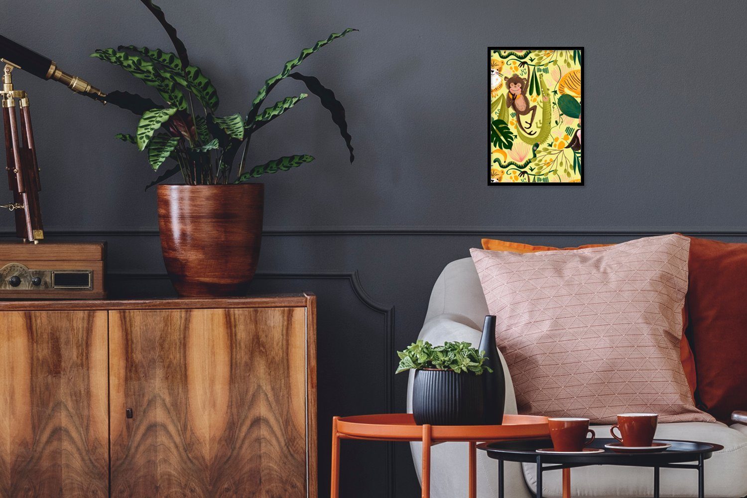 MuchoWow Poster Dschungel - Pflanzen - Tiere - Gelb, (1 St), Gerahmtes Poster, Wanddeko, Bilder, Wandposter, Schwarzem Bilderrahmen