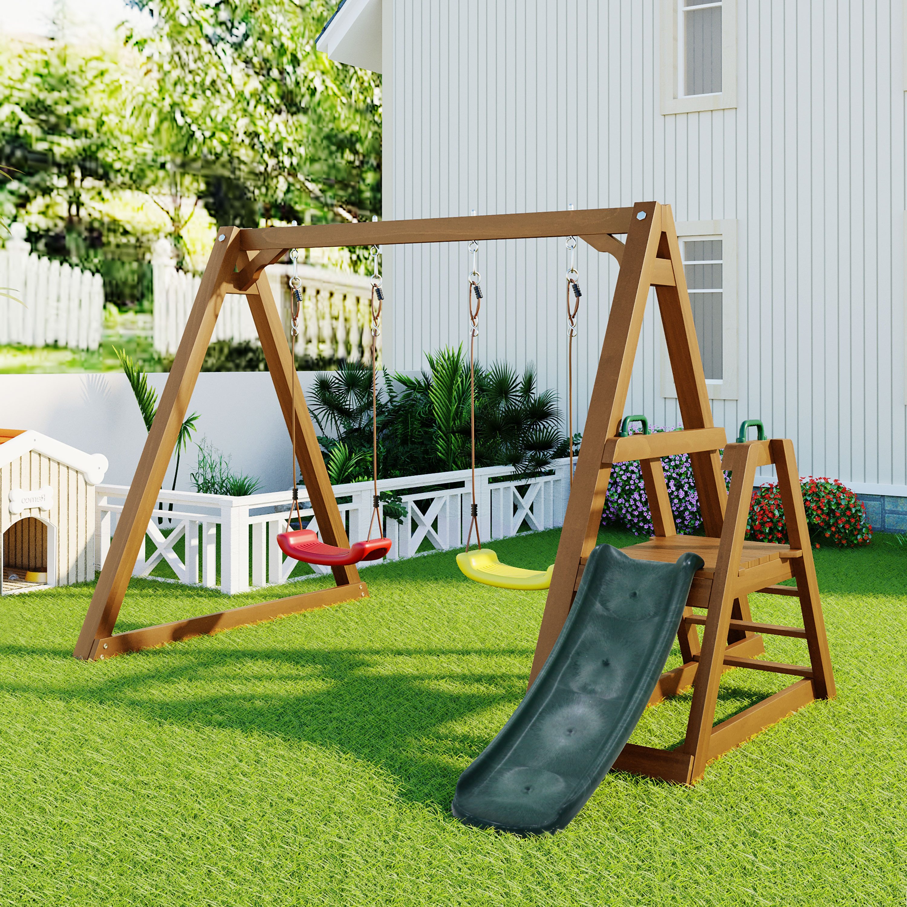 MODFU Doppelschaukel Schaukel Kinderschaukel mit Rutsche und Kletterleiter, (Robuste Kinderschaukel für Kinder Outdoor), Schaukelgerüst Schaukelgestell aus Massivholz 238,5x240x168,9cm