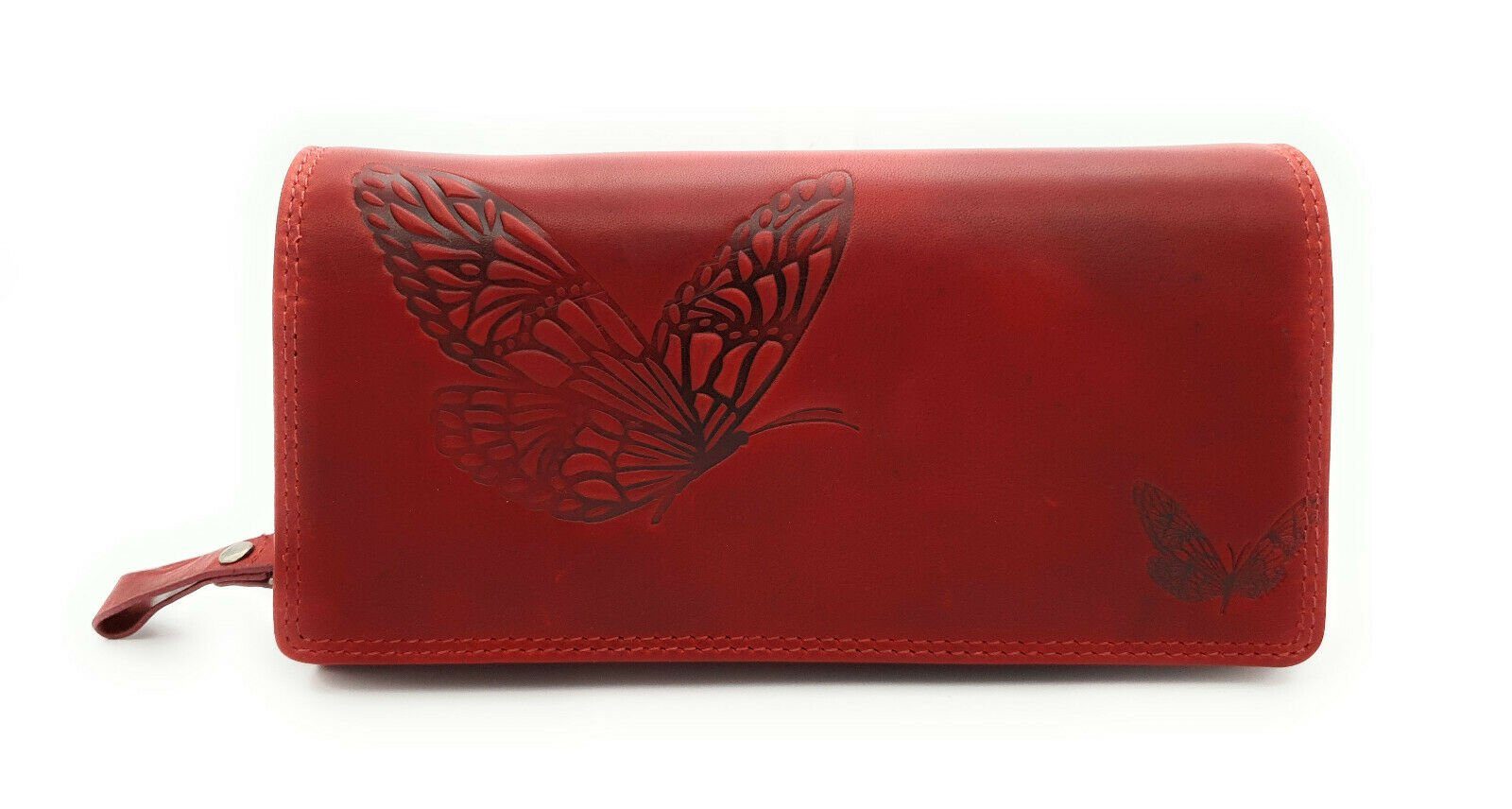 JOCKEY CLUB Geldbörse echt Leder Damen Geldbörse mit RFID Schutz Schmetterling, Sauvage Rindleder, cherry rot, viel Platz