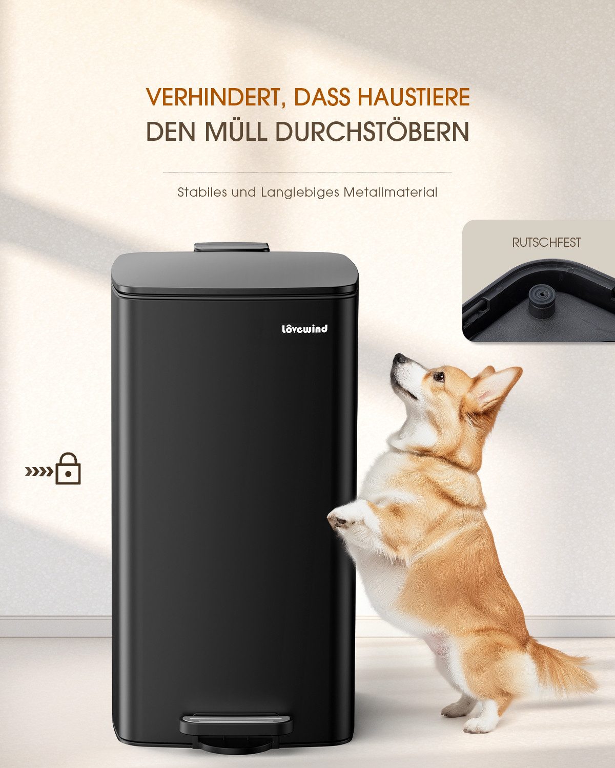 Lovewind Mülleimer Mülltrennsystem Rechteckig Treteimer Edelstahl Abfalleimer Küche 30L, 30 L Fassungsvermögen Leise schließende Deckel Edelstahl-Deckeln