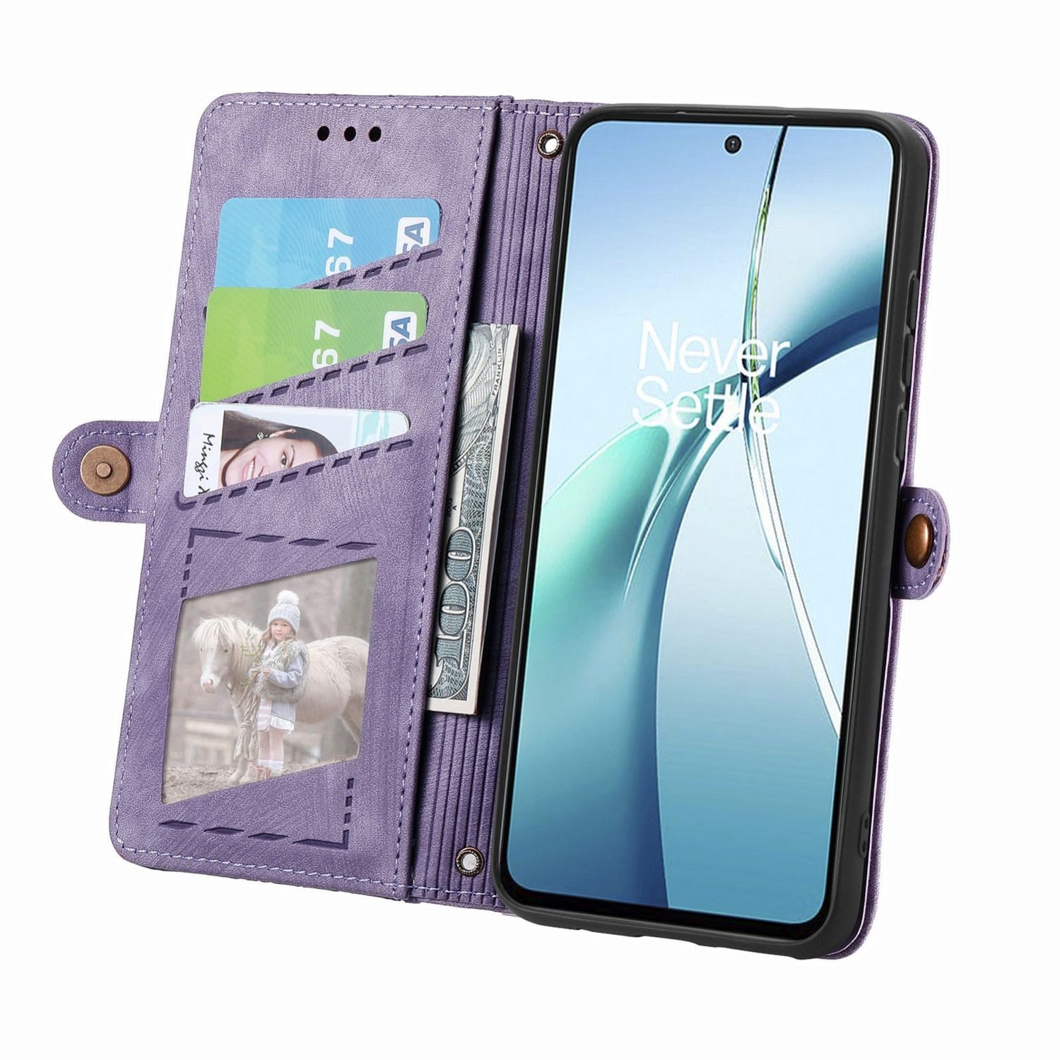 Wigento Handyhülle Für ZTE Blade A75 4G Design Kunstleder Zipper Book Wallet Tasche Lila, Kartenfächer, Reißverschlussfach, Standfunktion