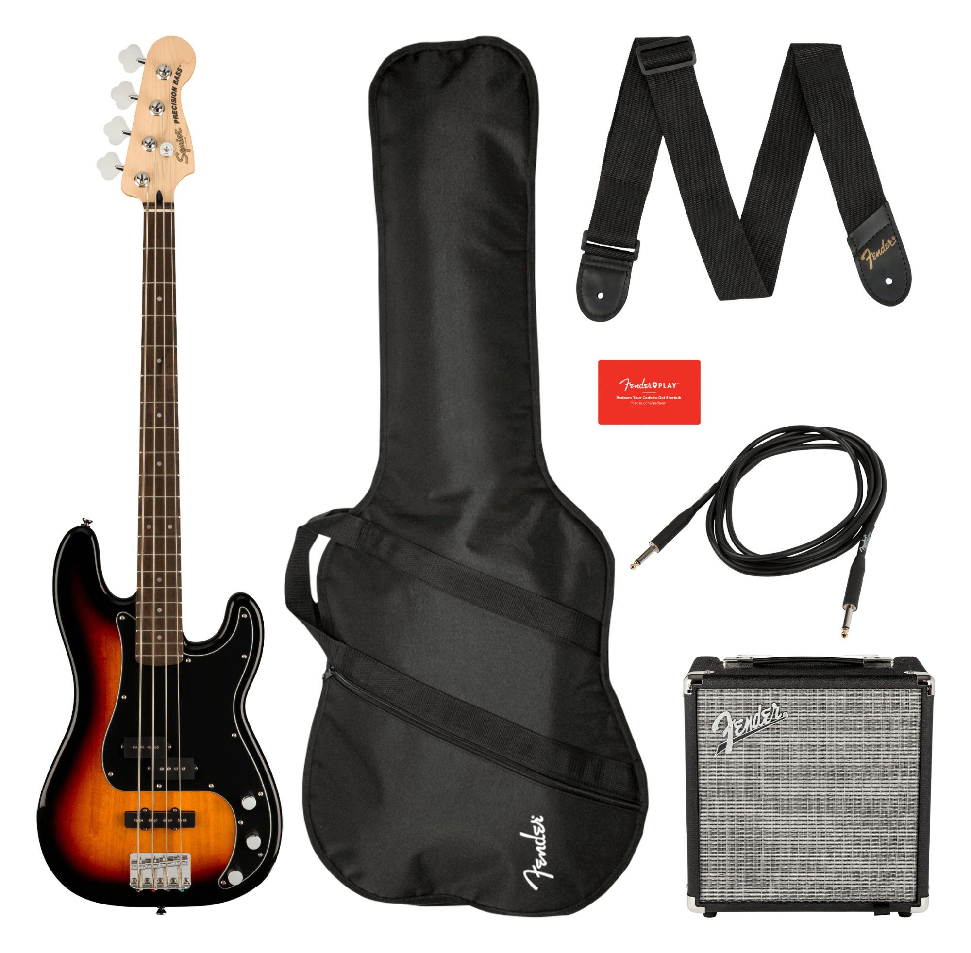 Squier E-Bass Affinity Precision Bass PJ LRL 3-Color Sunburst Pack, Precision Bass, Komplett-Set, E-Bass Starter Set mit Verstärker, Gigbag, Gurt und Kabel