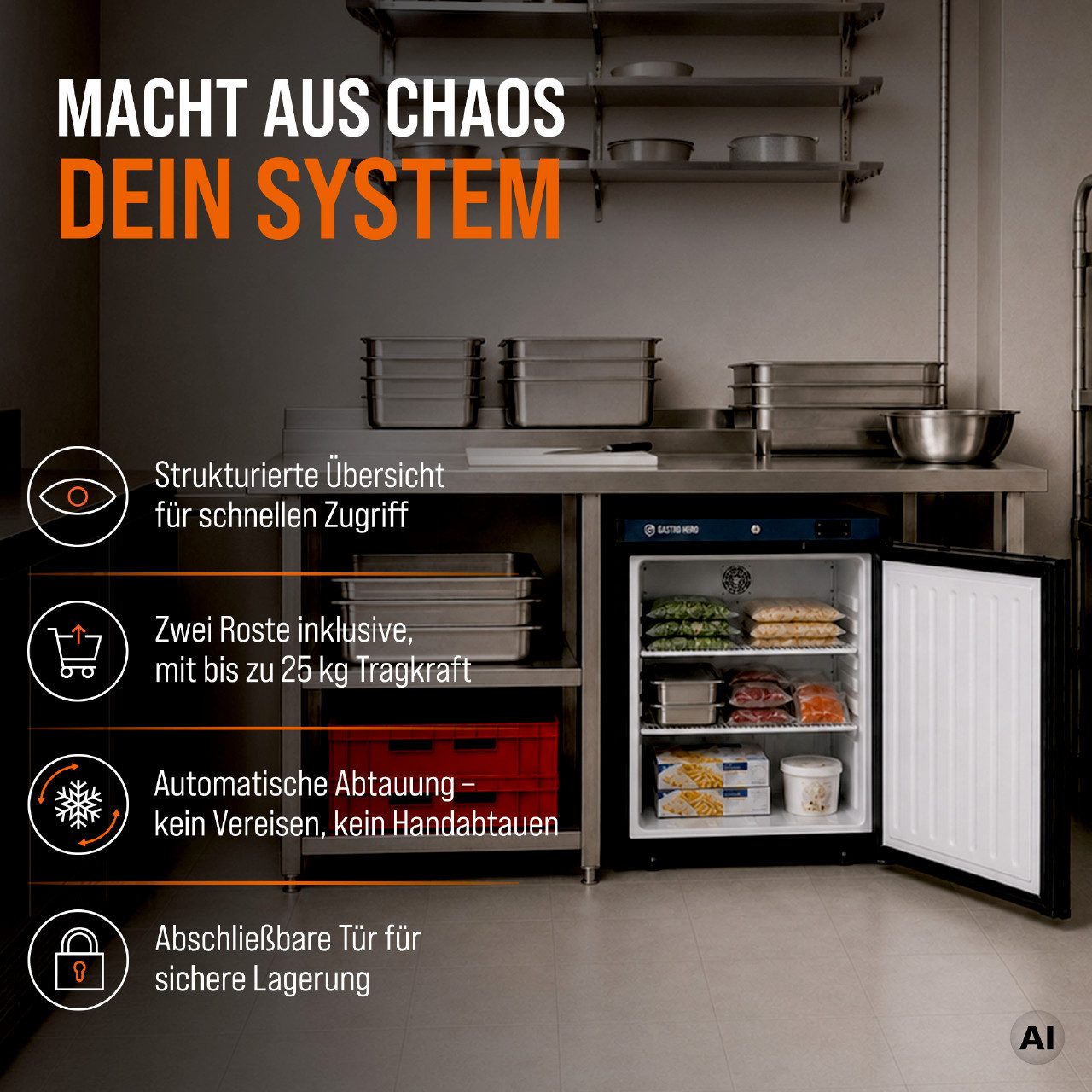 GastroHero Gefrierschrank Lagertiefkühlschrank ECO 200 Schwarz 127 Liter Umluftkühlung LTSE200B, 83.5 cm hoch, 60 cm breit, platzsparende Tiefkühllösung für Bar – Bild 3 von 5