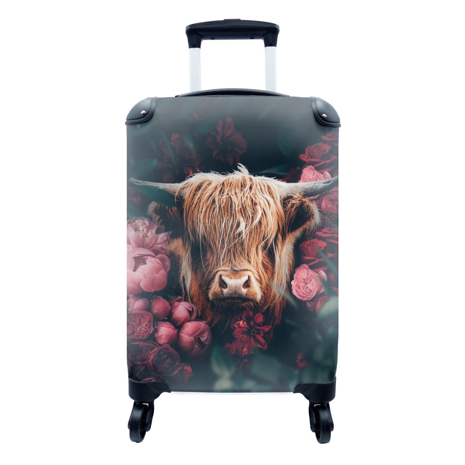 mit Reisetasche Rollen, Highlander Reisekoffer - für rollen, - - 4 Kuh Handgepäck Ferien, Schottischer Trolley, MuchoWow Botanisch, Blumen Handgepäckkoffer