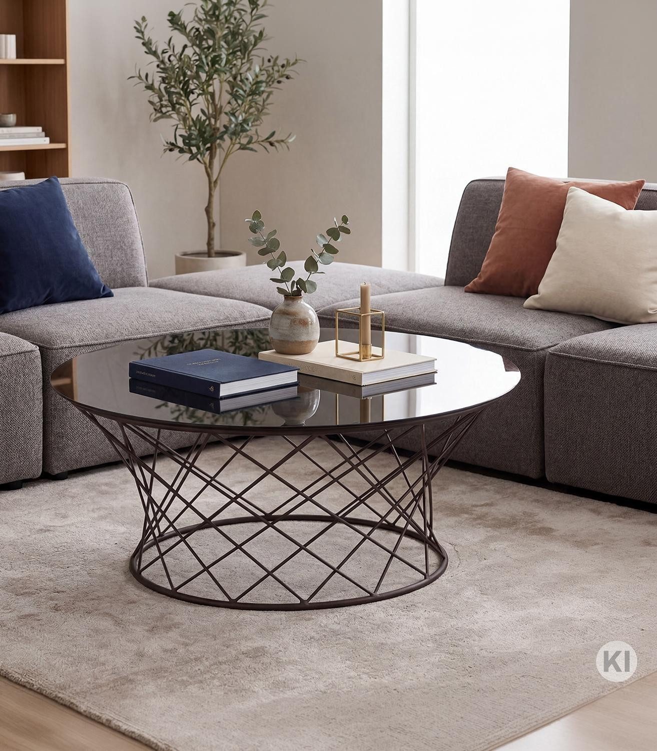 M2 Kollektion Couchtisch NOA, Grauglas, Metallgestell, Schwarz, Ø 80 cm