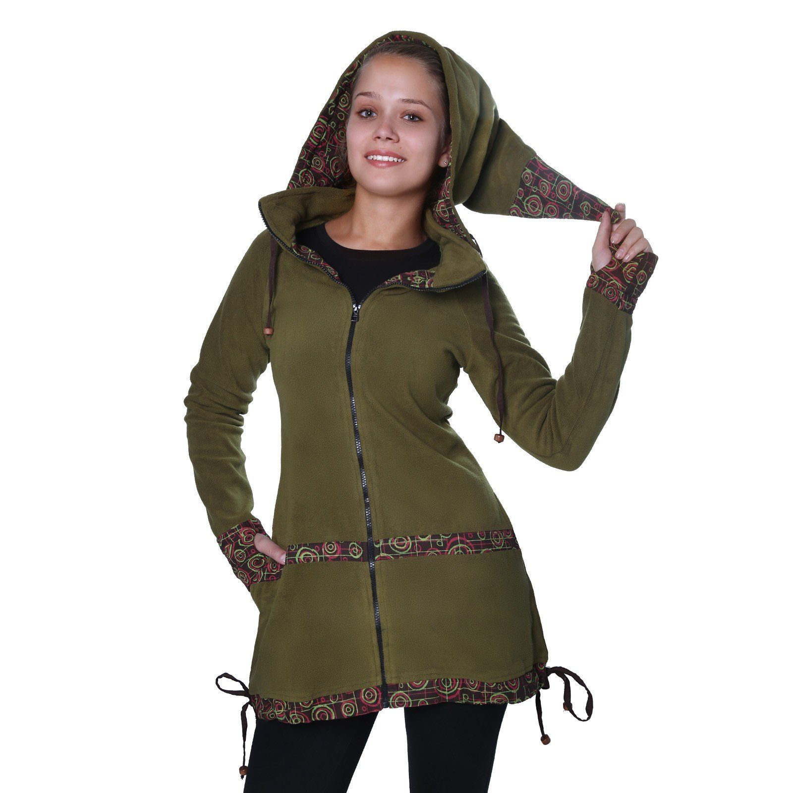 KUNST UND MAGIE Kurzjacke Kunst&Magie kurzer Damenmantel Fleece+abnehmbarer Zipfelkapuze Fairy