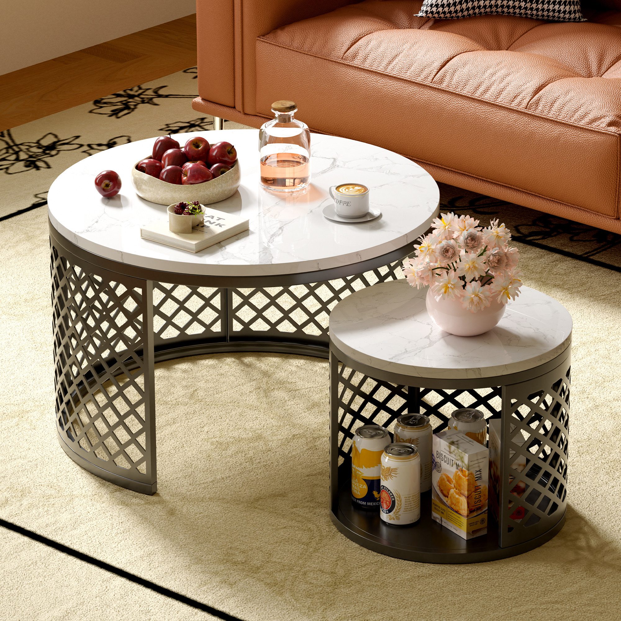 MODFU Couchtisch Set 2-tlg 70x45 / 45x35 cm Marmor Metallgitter schwarz (Packung, 2-St., Robuste geschweißte Metallkonstruktion, hohe Tragkraft bis 100 kg), Platzsparendes Nesting-Design mit Unterstellfunktion und Ablagefläche