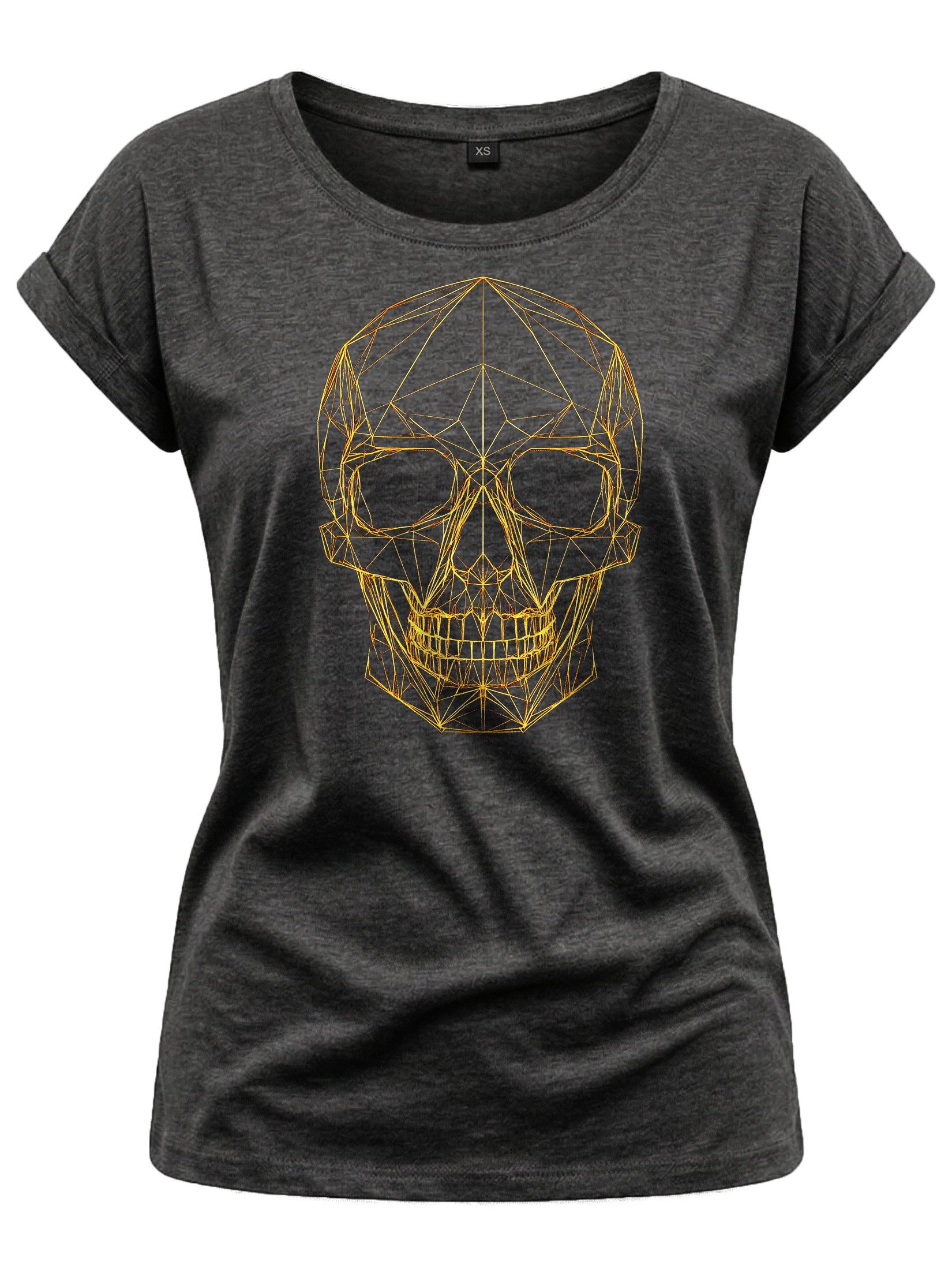 Print-Shirt Totenkopf Damen Tunika Glitzer Outline Elegant Strass Effekt