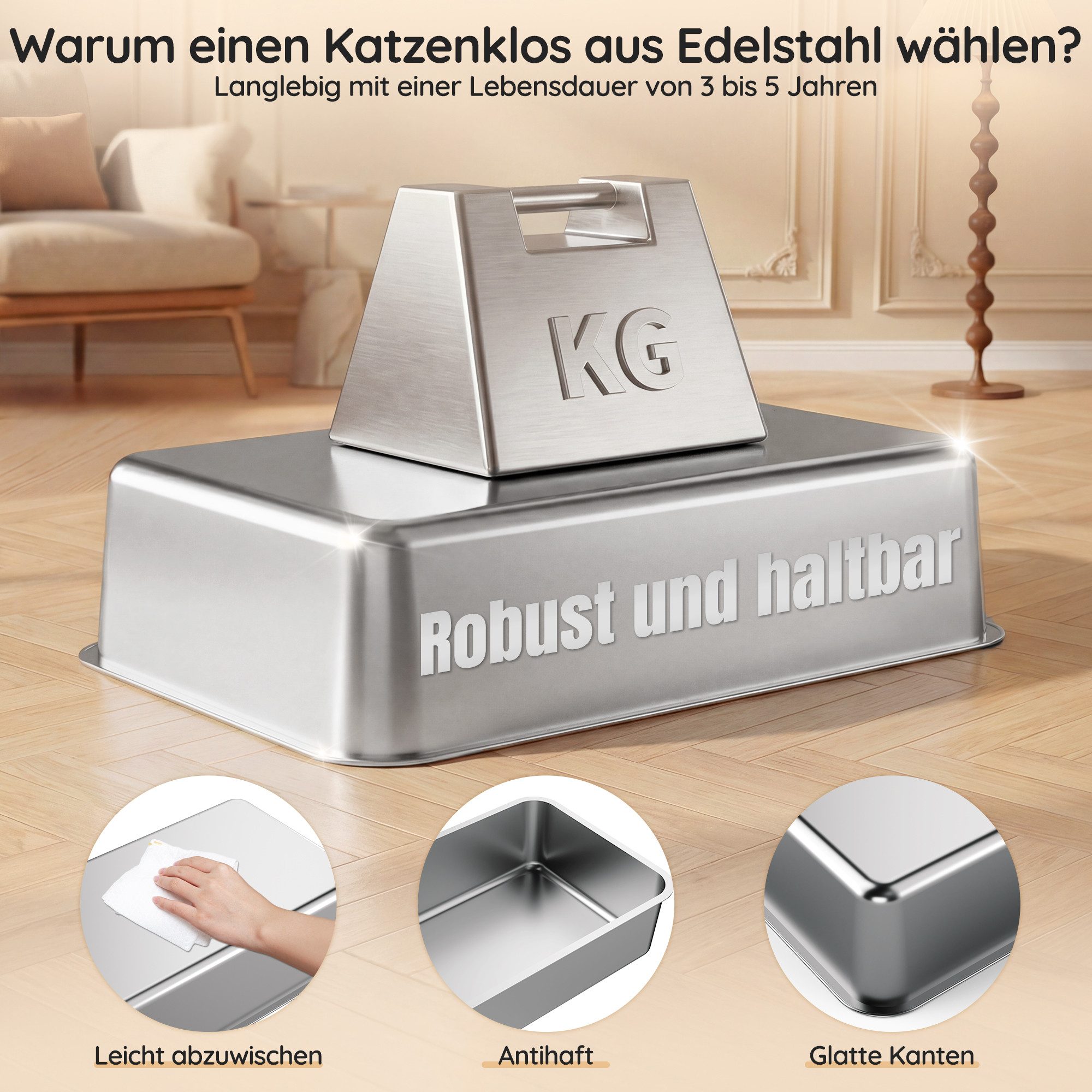 HOMALL Katzentoilette XXL Große katzenklo edelstahl,Hochrand anti-Spritzen,60 x 40 cm, Offen, geräumig, leicht zu reinigen