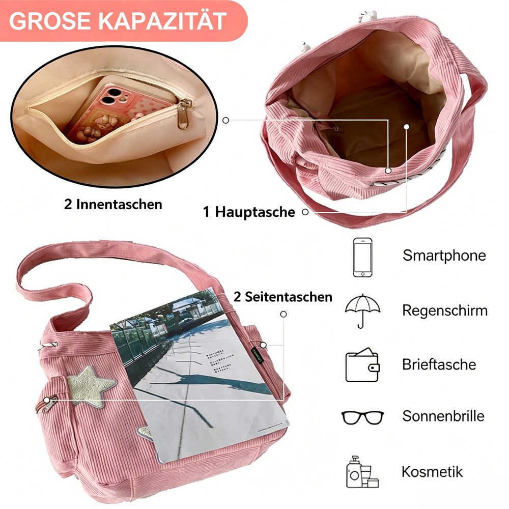 nsihing Schultertasche Damen Cord Tragetasche Ästhetische Handtasche Messenger Bag Casual, für Schule Büro Arbeit Reisen Ausflug Einkauf – Bild 4 von 5