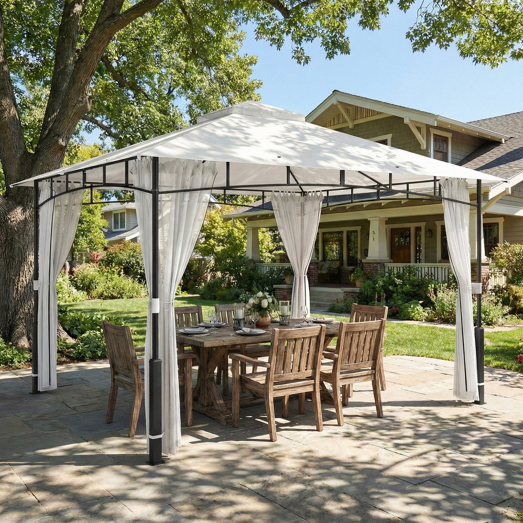 Outsunny Pavillon Gartenpavillon mit Moskitonetz, Doppeldach, aus Metall, mit 4 Seitenteilen, (Gartenpavillon, Garten Pavillon), für Garten, Terrasse, 360 x 300 x 275 cm, Schwarz
