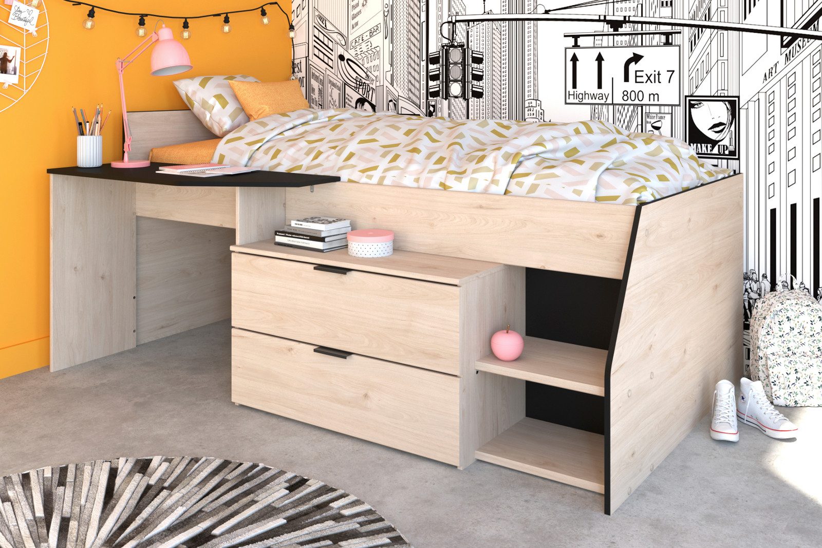 Parisot Hochbett Milky (Jugendbett 90 x 200 cm, Eiche mit schwarz) mit viel Stauraum