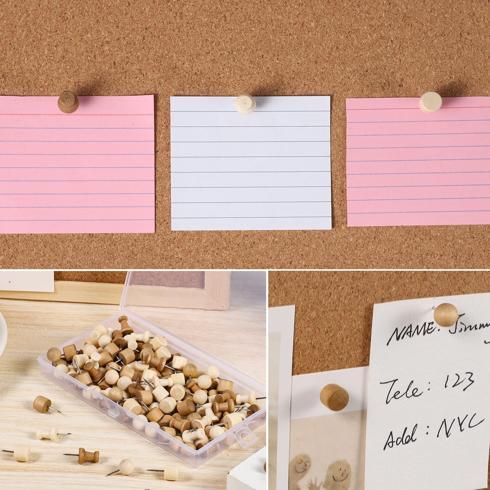 FOUORTUNATE-BEE Pinnnadel 300 Holz Reißzwecken Pinnwandnadeln mit Box für Korkwand Set, Für Fotos Karten Büro Schule Korktafel Reißzwecken Holz Set – Bild 5 von 5