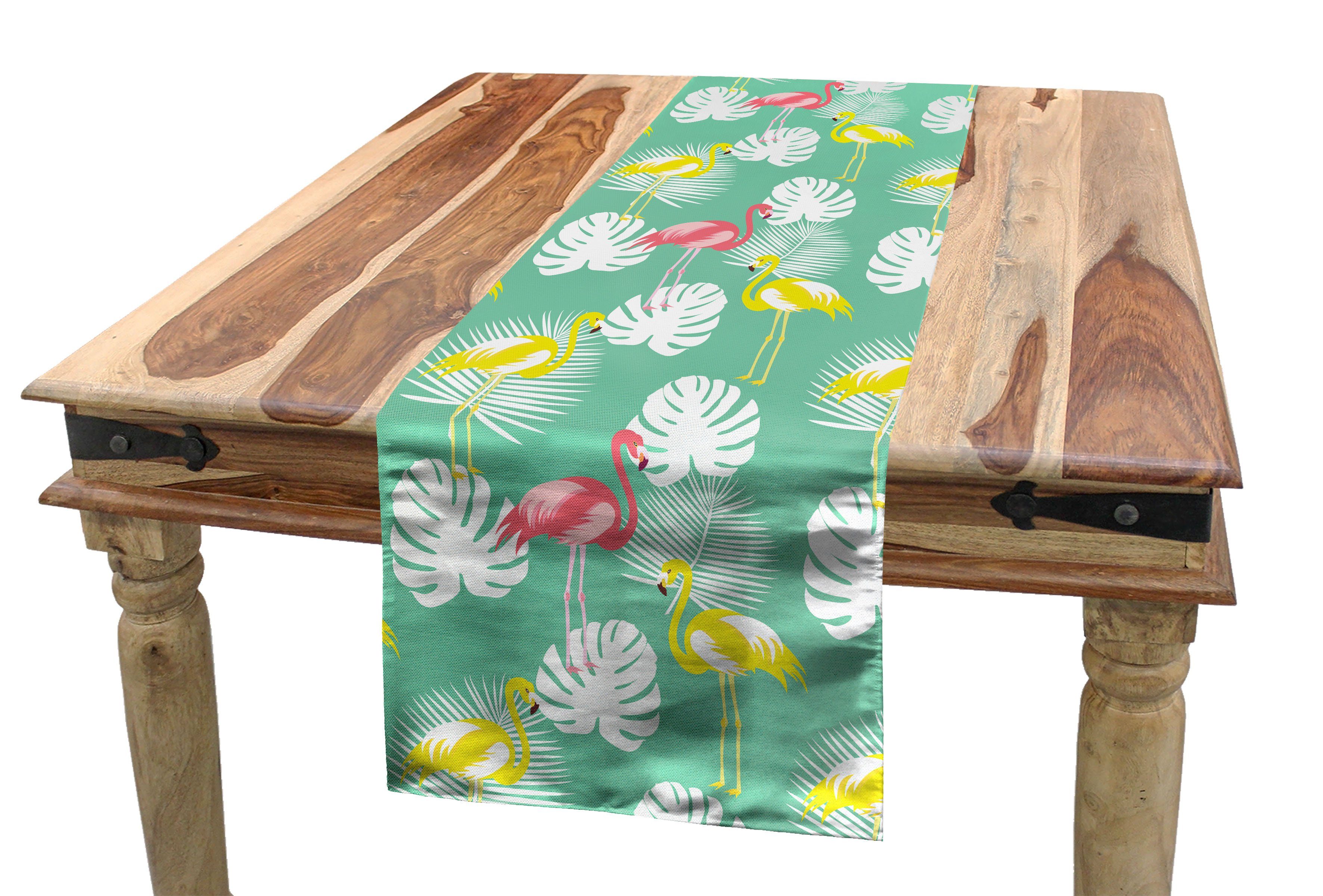 Abakuhaus Tischläufer Esszimmer Küche Rechteckiger Dekorativer Tischläufer, Tropical Flamingos und Blätter Motiv