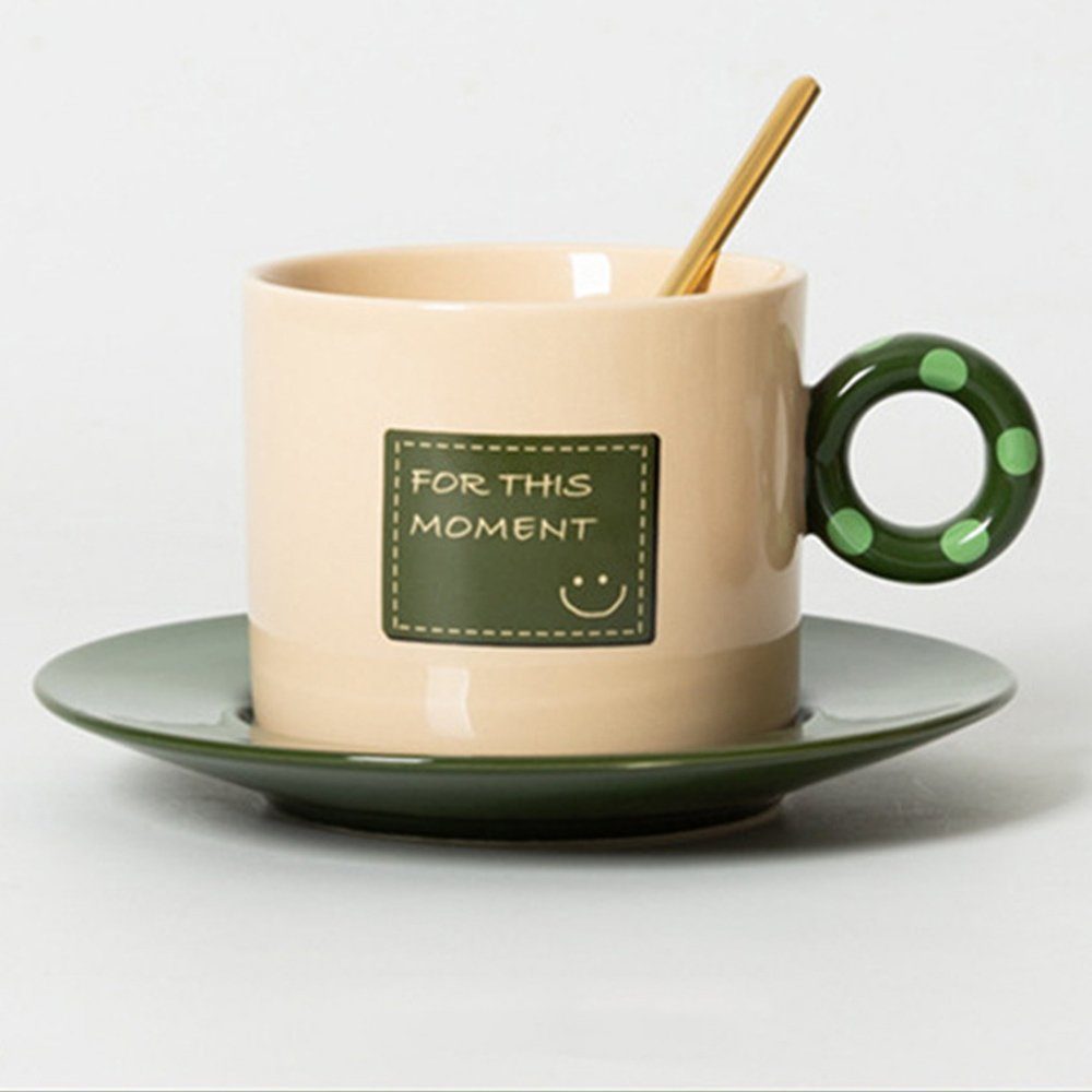 Dekorative Kaffeeservice Keramik-Kaffeebecher, Kunst-Kaffeebecher-Set, Vintage-Stil (1-tlg), Teetasse mit Untertassen und Löffel, Ceramic Teetasse Set Grün