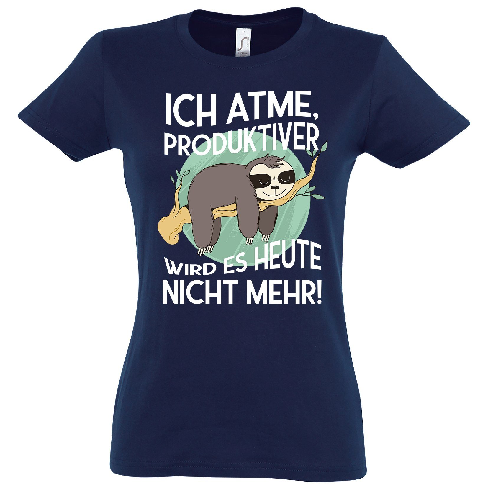 Youth Designz T-Shirt Ich atme, produktiver wird es heute nicht mehr Damen Shirt mit lustigem Faultier Frontprint Navyblau