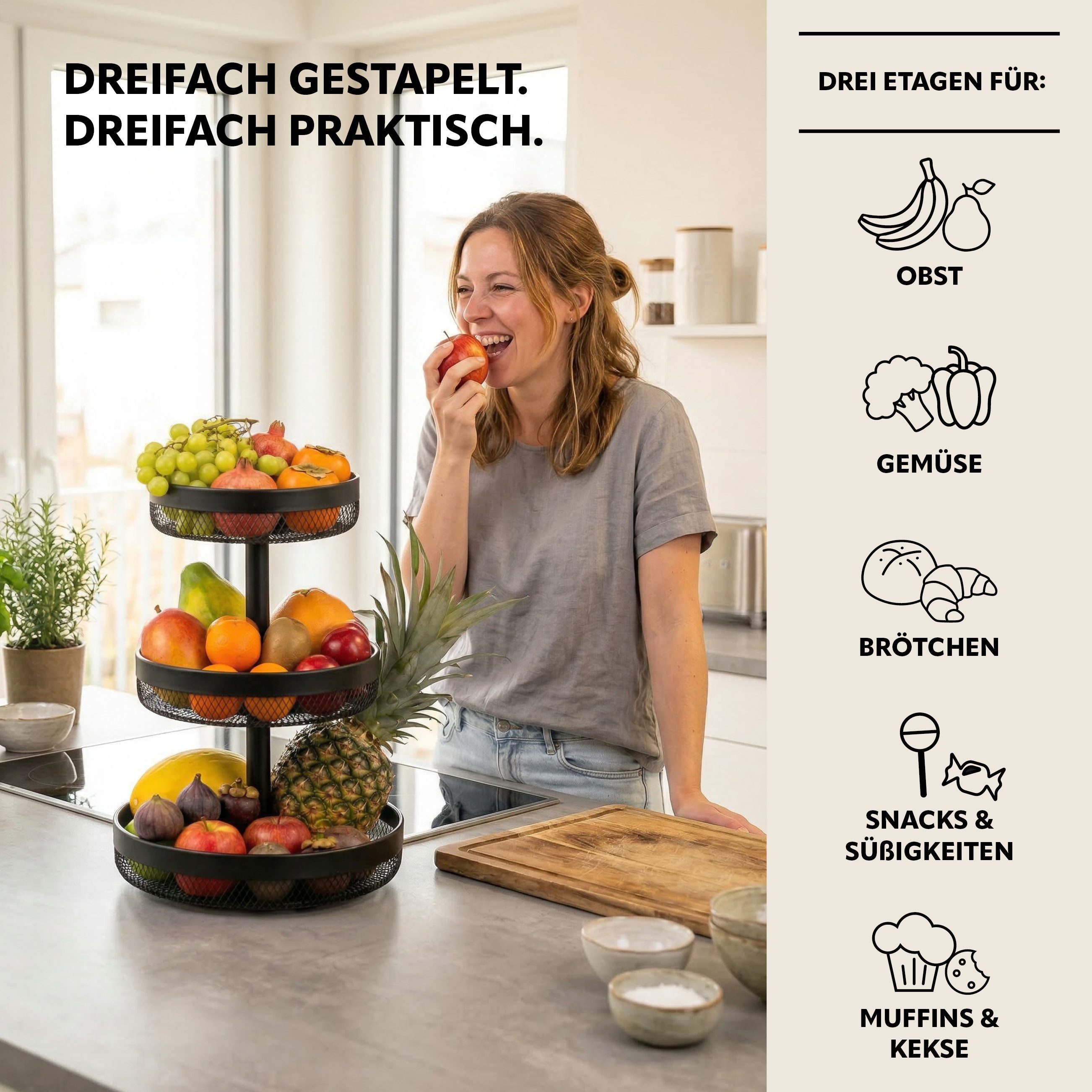eluno Obstschale rund 3-stöckig, Ø 20 cm, 25 cm und 30 cm, Metall