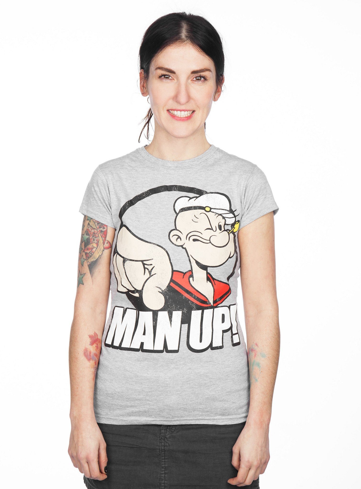 Metamorph T-Shirt Popeye Man Up! Popeye Shirt für weibliche Fans des schlagkräftigen Seemanns