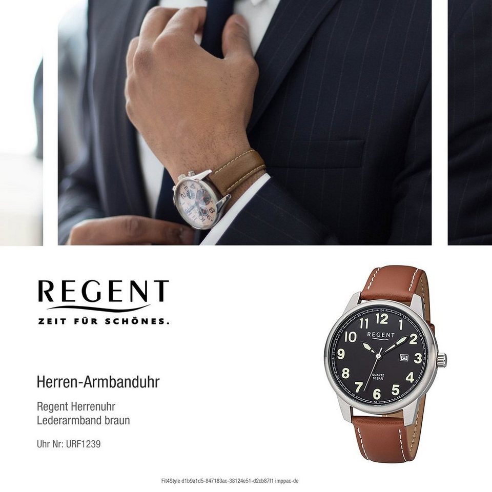 Regent Quarzuhr Regent Leder Herren Uhr F-1239 Analog, Herrenuhr  Lederarmband braun, rundes Gehäuse, groß (ca. 41mm)