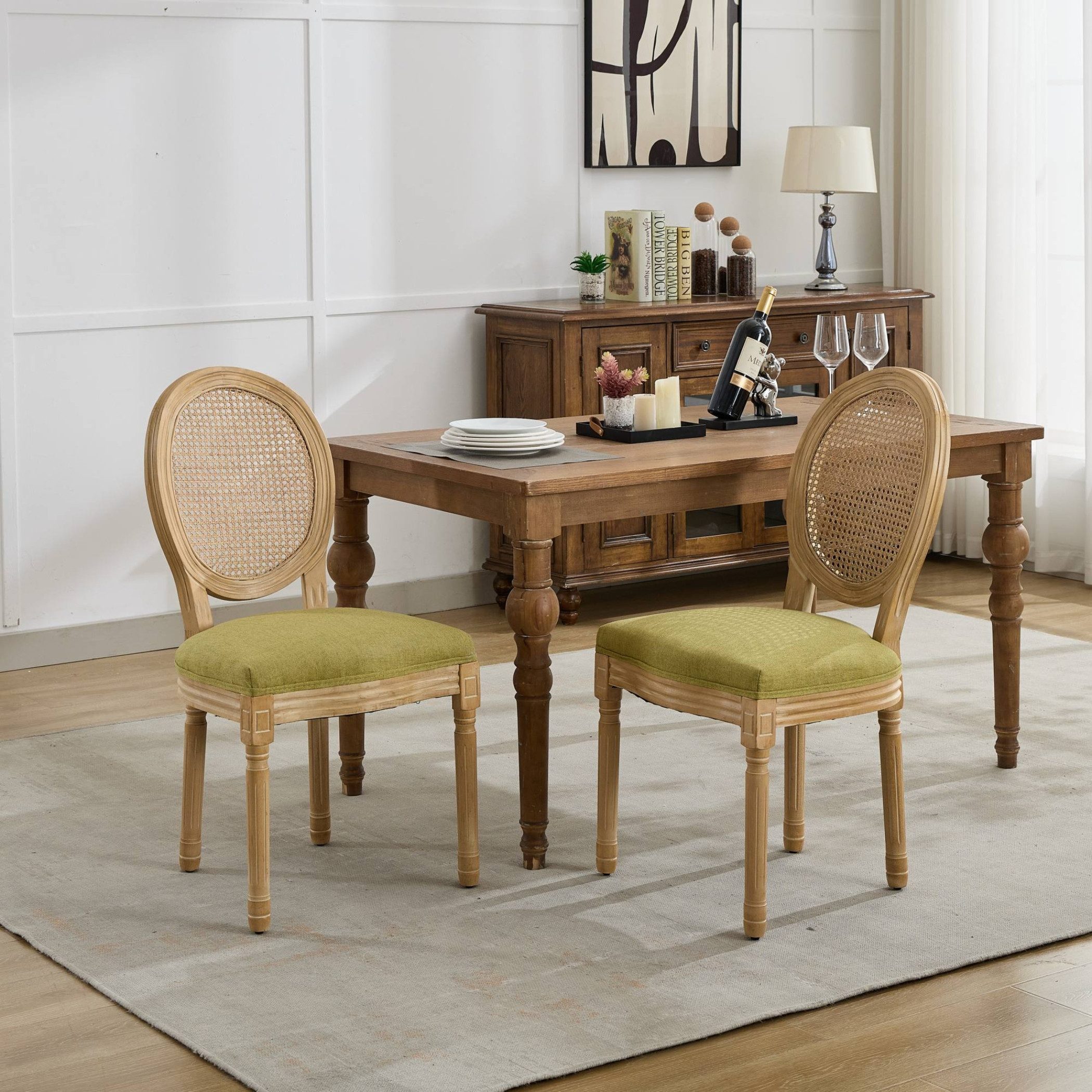 SeedWave Esszimmerstuhl 2er Set Küchenstuhl aus Massivholz-Gestell, mit Rattan-Rückenlehne, Polsterstuhl inkl. Leinenbezug Sitzfläche