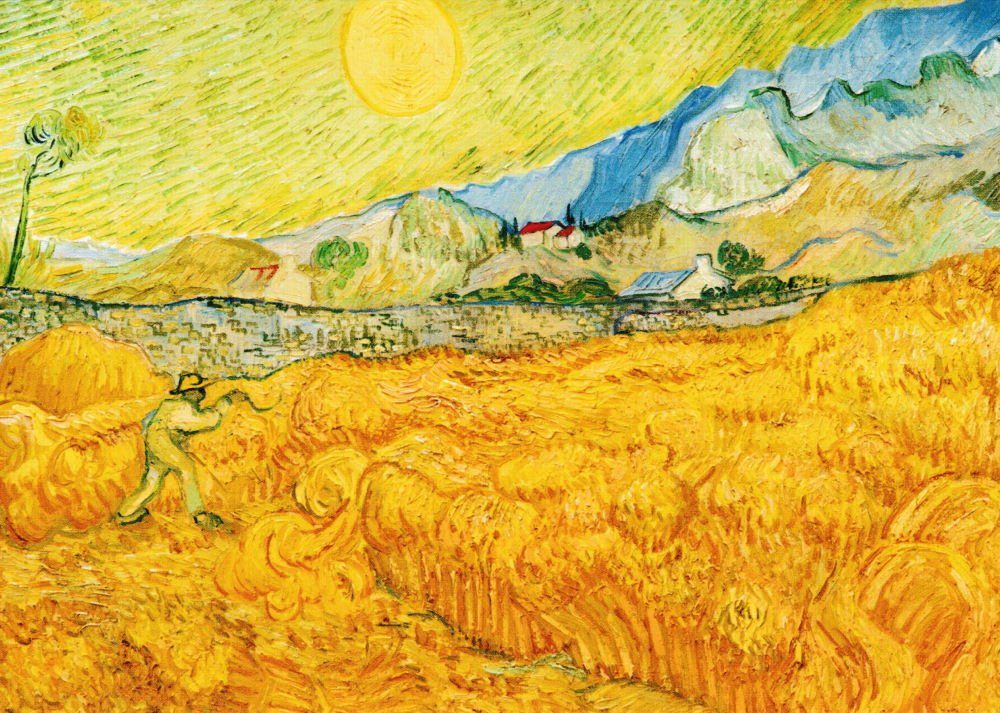 Postkarte Kunstkarte Vincent mit Schnitter" "Die van Gogh Ernte, Kornfeld