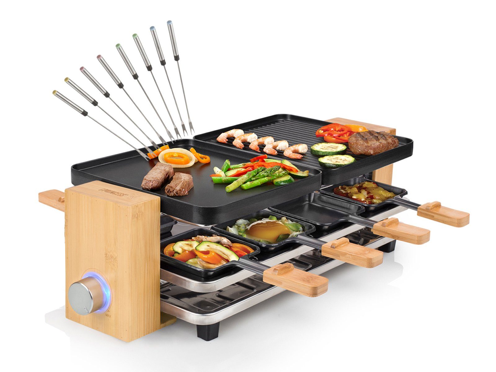 PRINCESS Raclette, 8 Raclettepfännchen, 1300 W, Tisch-Grill Holz Design 2-8 Personen Pfännchen Ablage & Teppan Gabeln