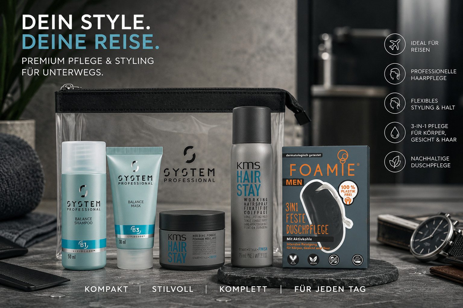 System Professional Haarpflege-Set Men's Travel Set – Premium Pflege & Styling für unterwegs, 6-tlg., Perfekt für Urlaub, Geschäftsreisen und Fitnessstudio