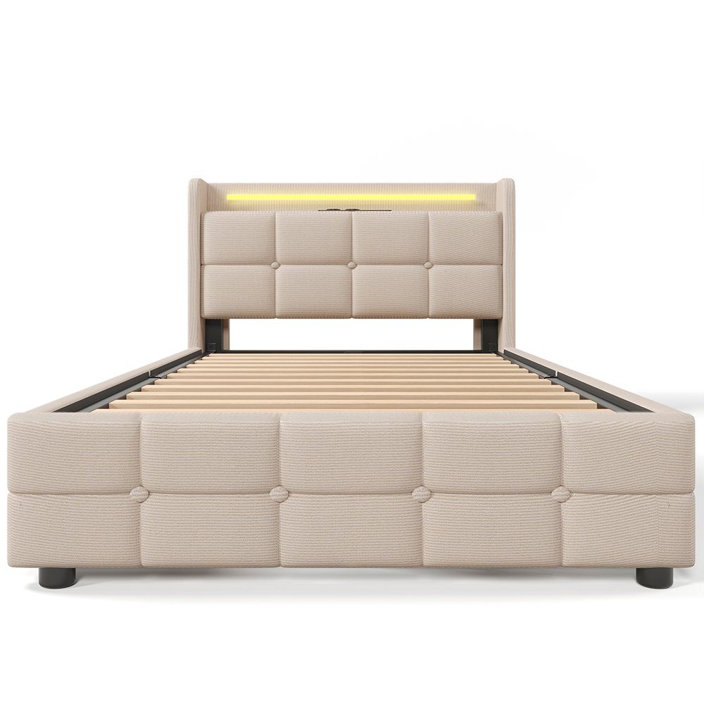 Polsterbett (Stauraumbett mit Lattenrost), Einzelbett 90x200cm mit LED-Beleuchtung, Ladefunktion und 2 Schubladen