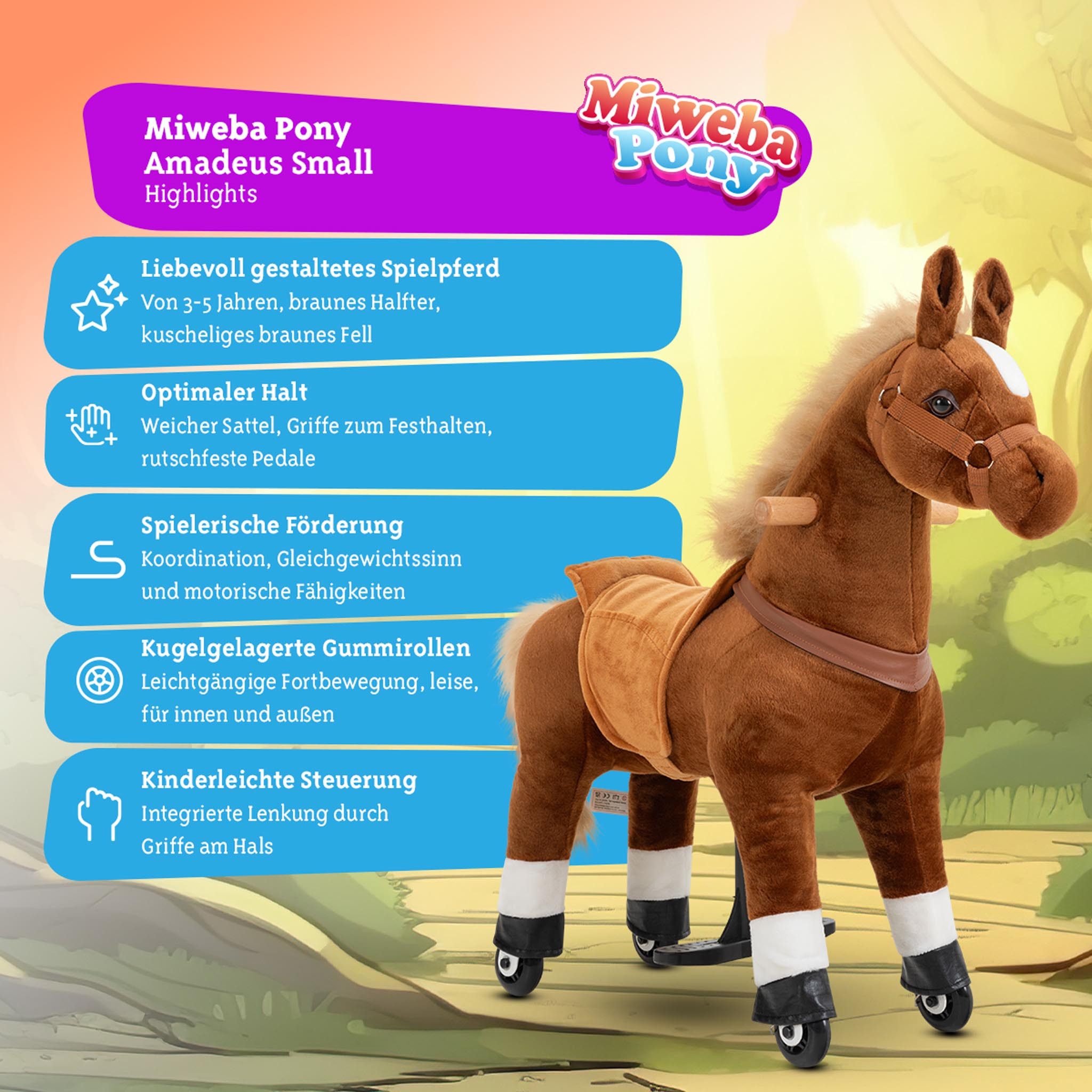 miweba Reitpferd für Kinder Amadeus - Pony mit Rollen, Schaukelpferd, Kinder Pony mit Lenkung, Pferd für Kinder mit Sattel