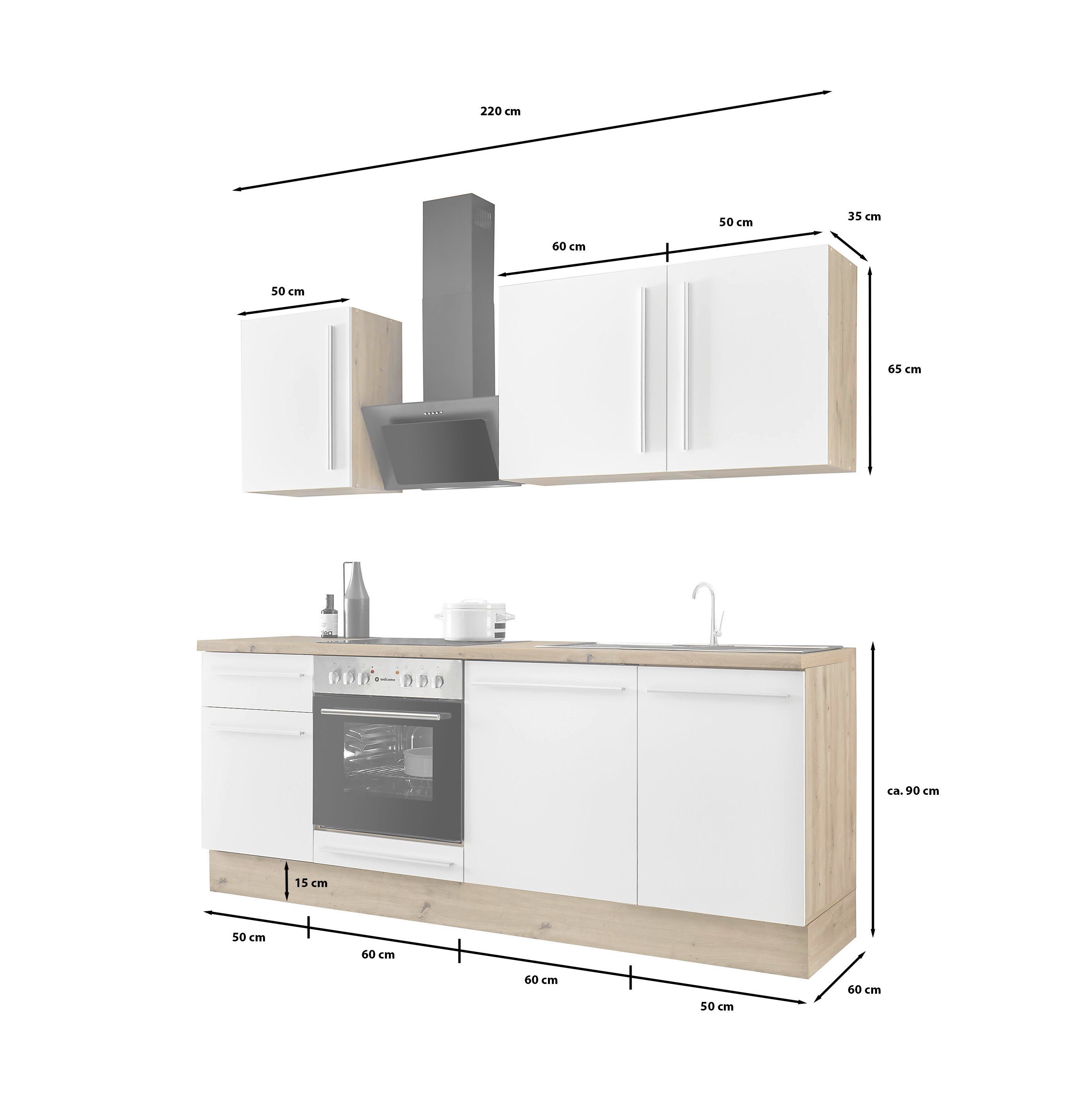 KOCHSTATION Küchenzeile Florida mit 38mm starker Arbeitsplatte, Breite 220 cm, wahlweise mit E-Geräten, Soft-Close-Funktion
