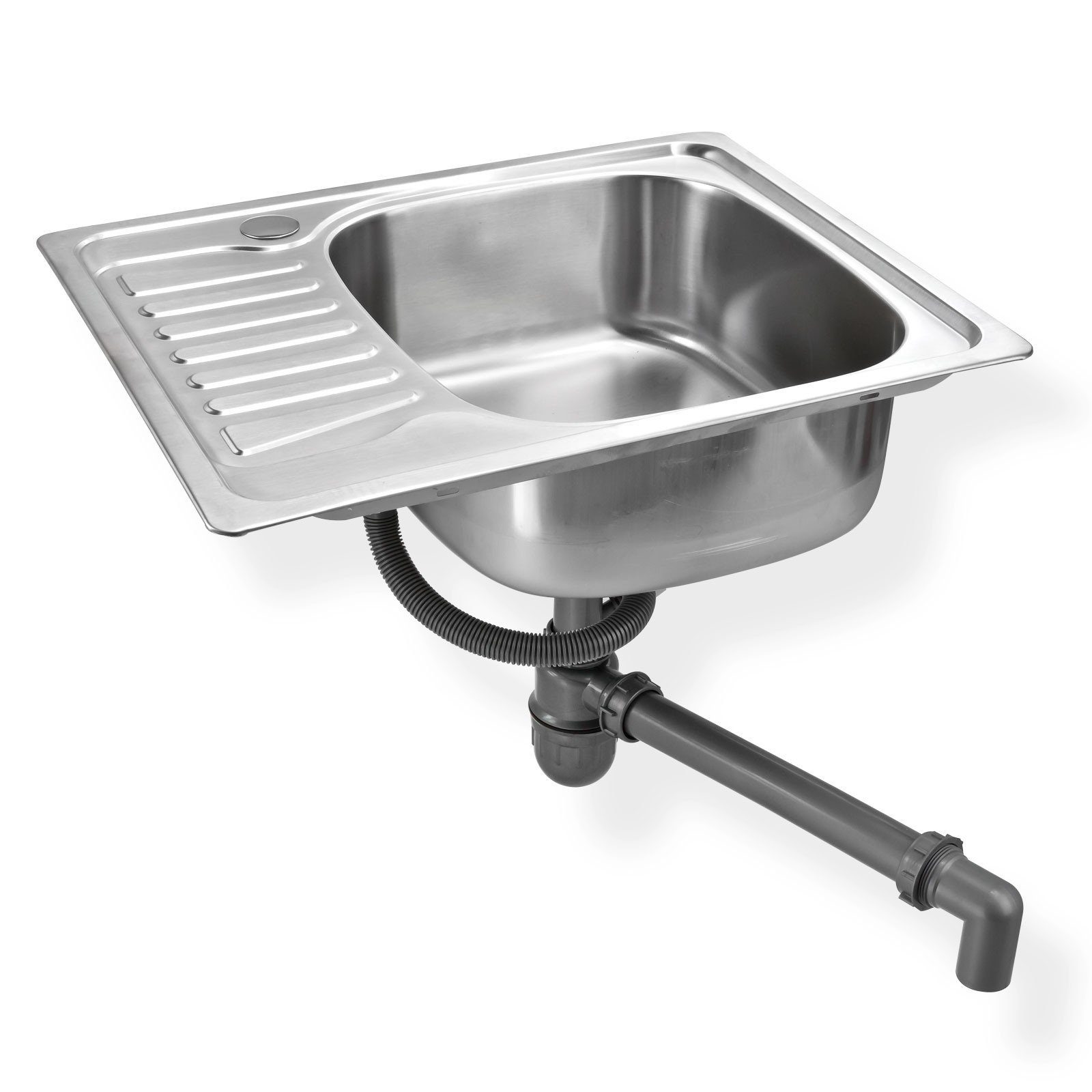 Stabilo Sanitär Edelstahlspüle Einbauspülbecken Chrom eckig 58 cm Edelstahl mit Abtropffläche links, 58/48 cm, (Komplett-Set, mit komplettem Siphon), Spüle ist  – Bild 3 von 5