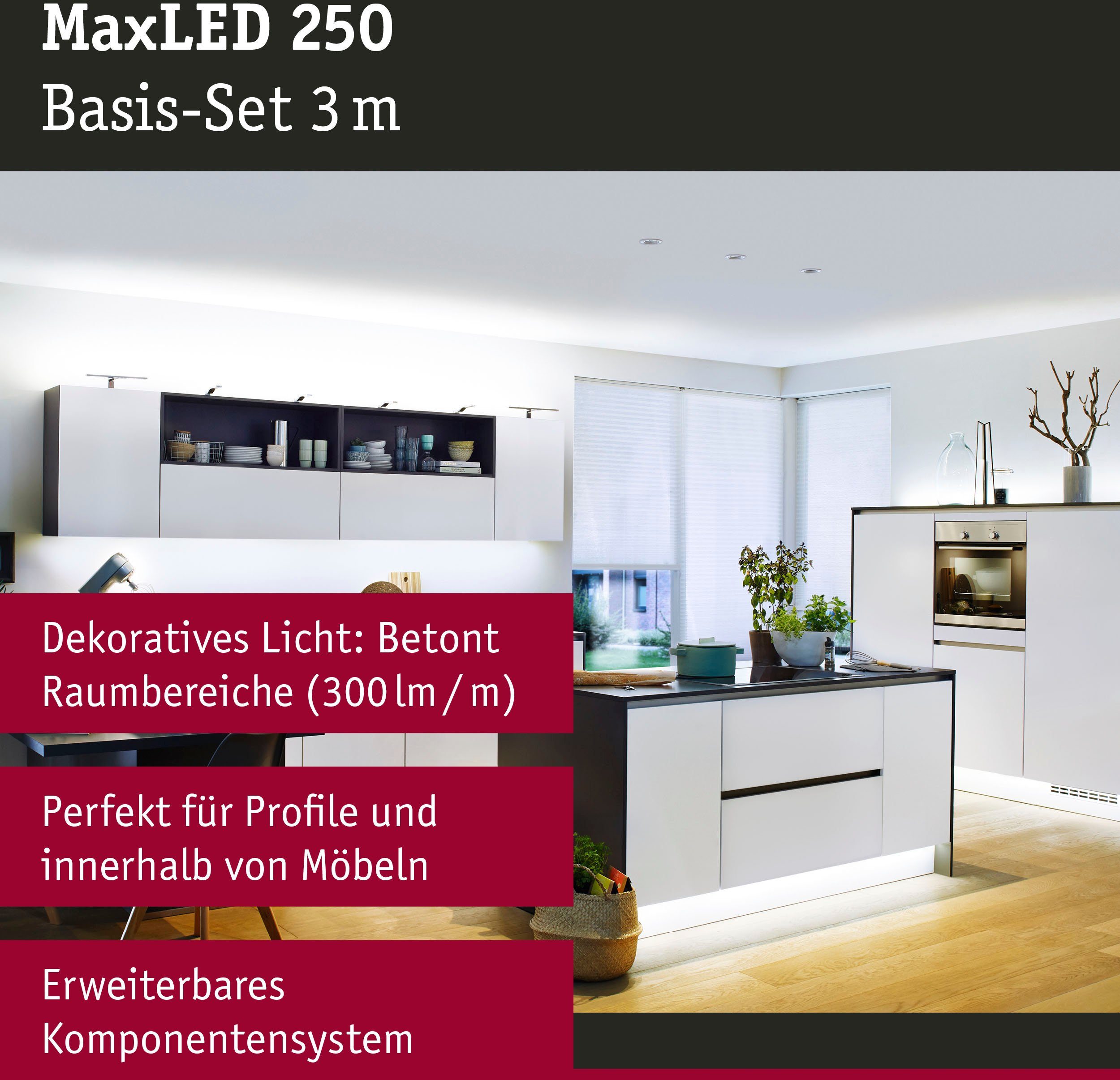 Stripe Paulmann Tageslichtweiß, MaxLED LED Basisset 3m unbeschichtet 1-flammig 250
