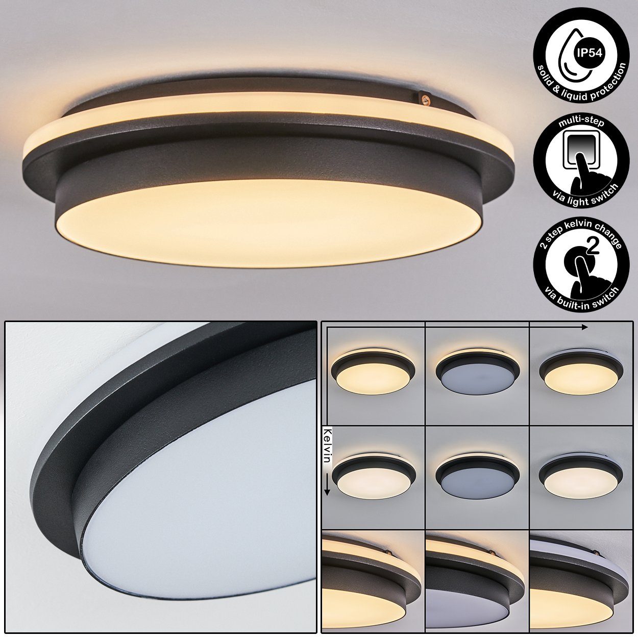 hofstein aus LED IP54 Lichtfarbe Schwarz/Weiß, Außen-Deckenleuchte wechselbar, Deckenlampe änderbar Schalter, schaltbar, über in unterschiedlich Metall/Kunststoff moderne