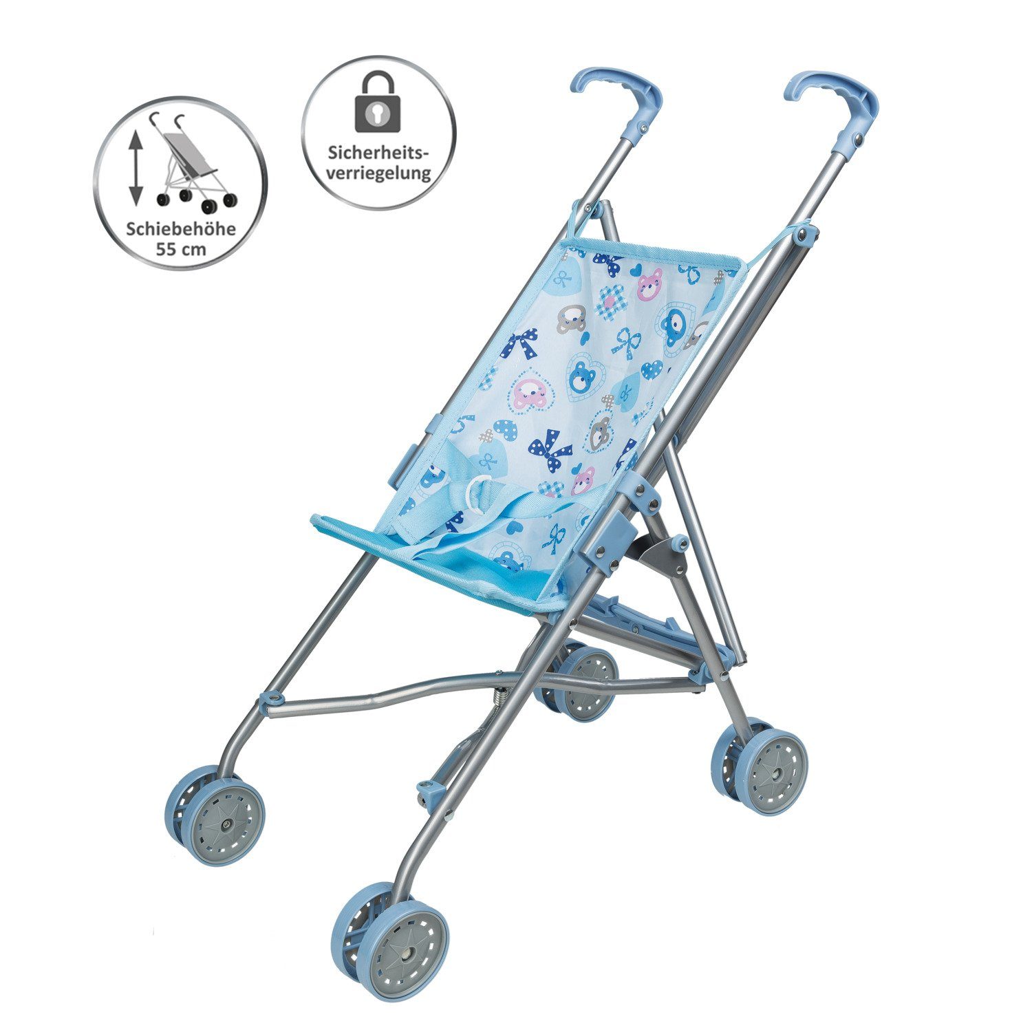 Idena Puppenbuggy Idena 40069 - Puppenbuggy zusammenklappbar, blauer Bezug mit niedliche