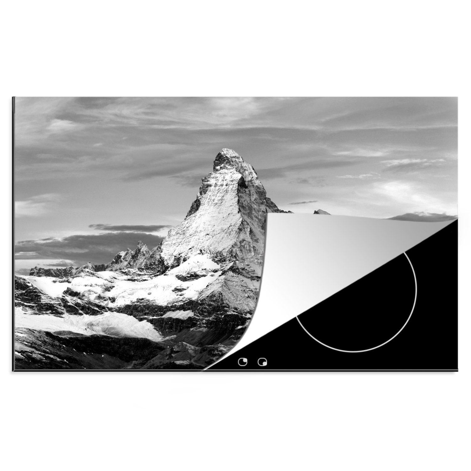 MuchoWow Herdblende-/Abdeckplatte Wolken über dem Matterhorn in der Schweiz - schwarz und weiß, Vinyl, (1 tlg), 81x52 cm, Induktionskochfeld Schutz für die küche, Ceranfeldabdeckung