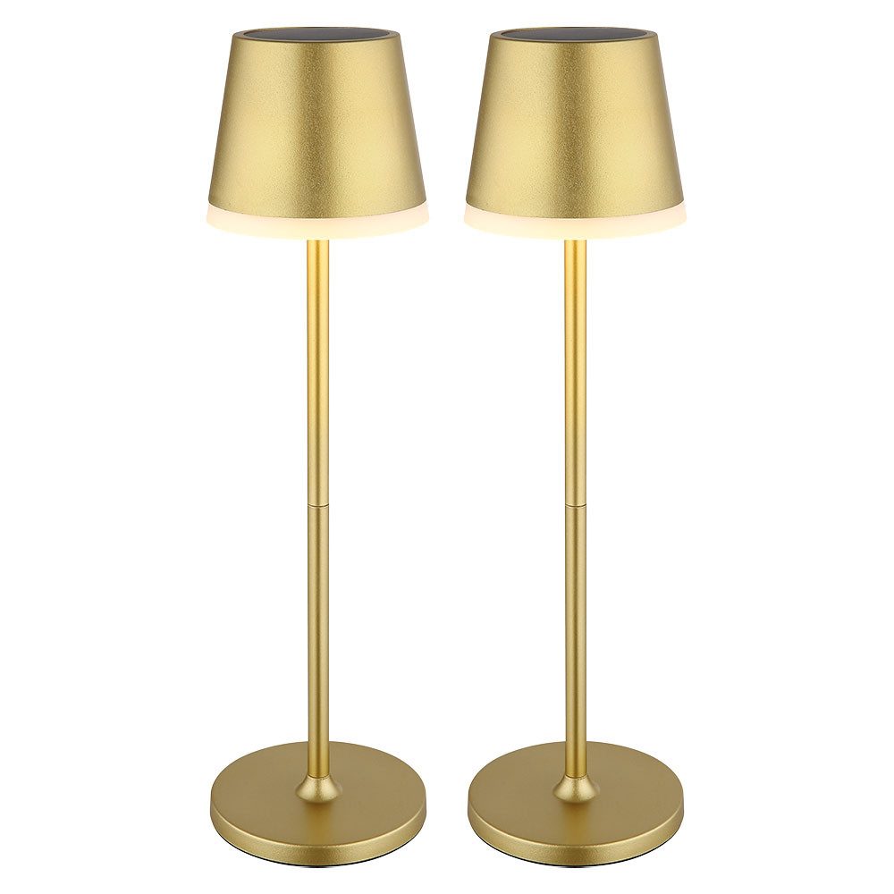 GLOBO LIGHTING LED Solarleuchte, LED-Leuchtmittel fest verbaut, Warmweiß, LED Tischleuchte Solarlampe Metall gold 2 Höhen möglich 2er Set