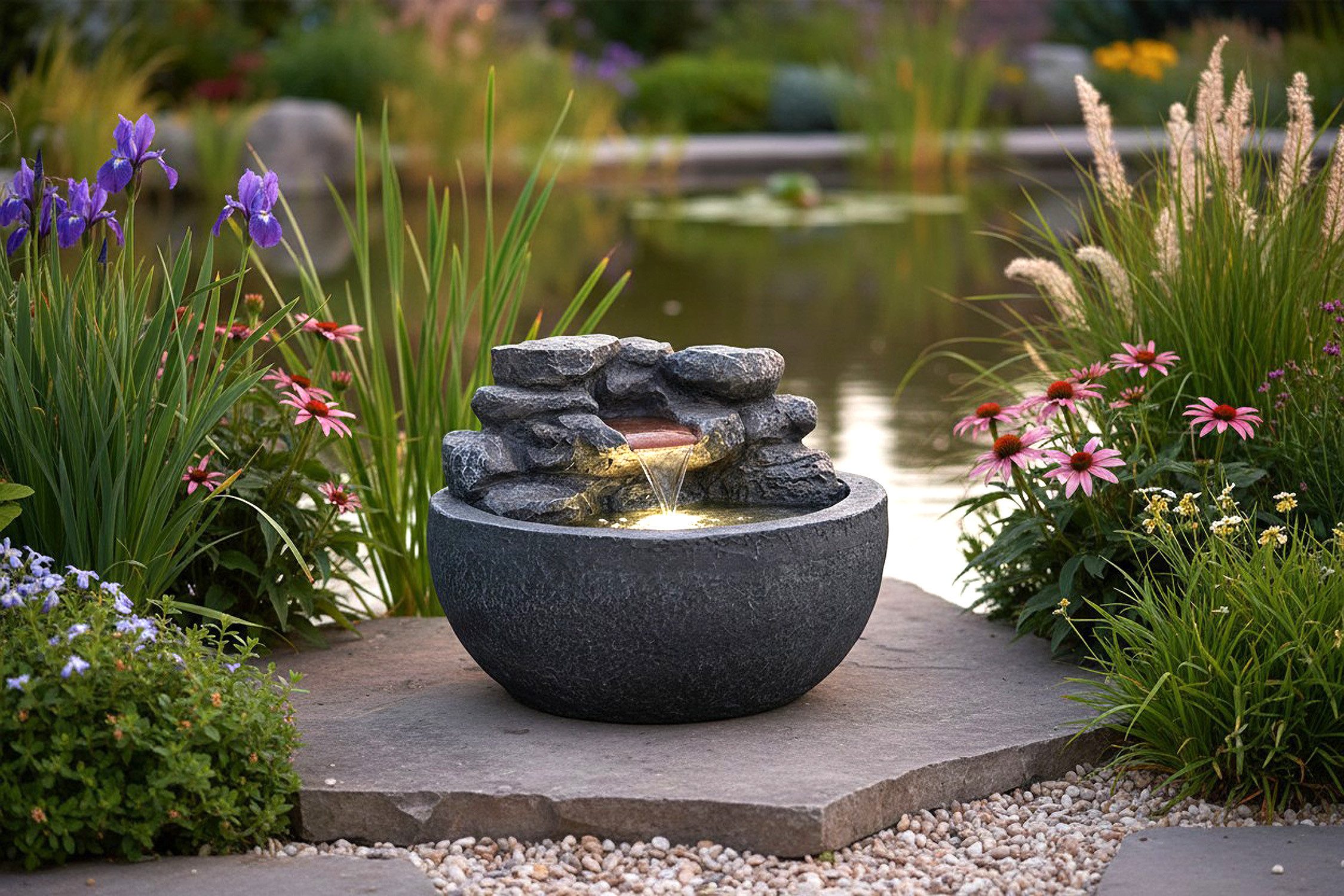 Arnusa Gartenbrunnen Zimmerbrunnen mit LED Beleuchtung Wasserfall Steinoptik Deko, Gartendekoration Wasserspiel