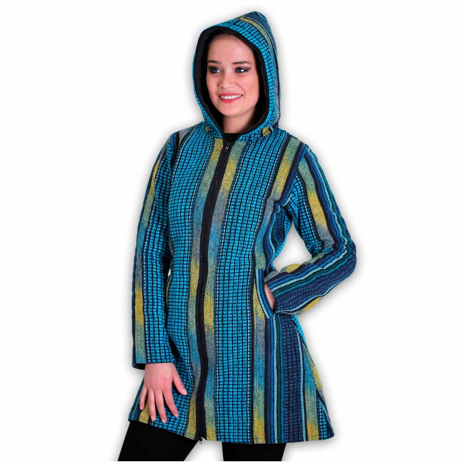 KUNST UND MAGIE Langjacke Damen Gheri Jacke Kurzmantel Kapuze -Hippie Goa Boho Damen Mantel