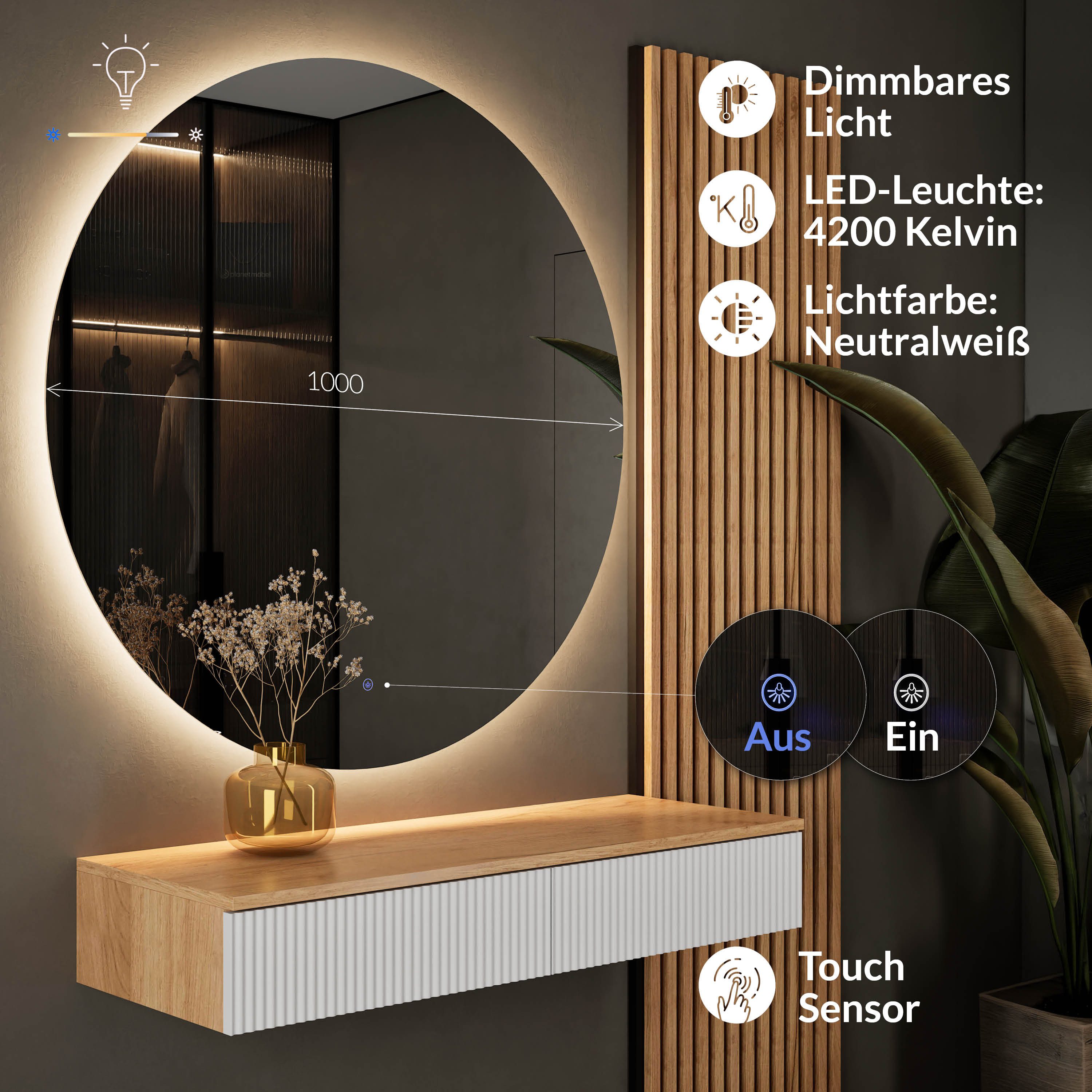 Planetmöbel Konsolentisch AMYRA Flurtisch 100 cm, NOVA Spiegel mit Beleuchtung 60 - 100 cm (Konsolentisch 100 cm, inkl. Spiegel mit Beleuchtung rund 100x100 cm) – Bild 4 von 5