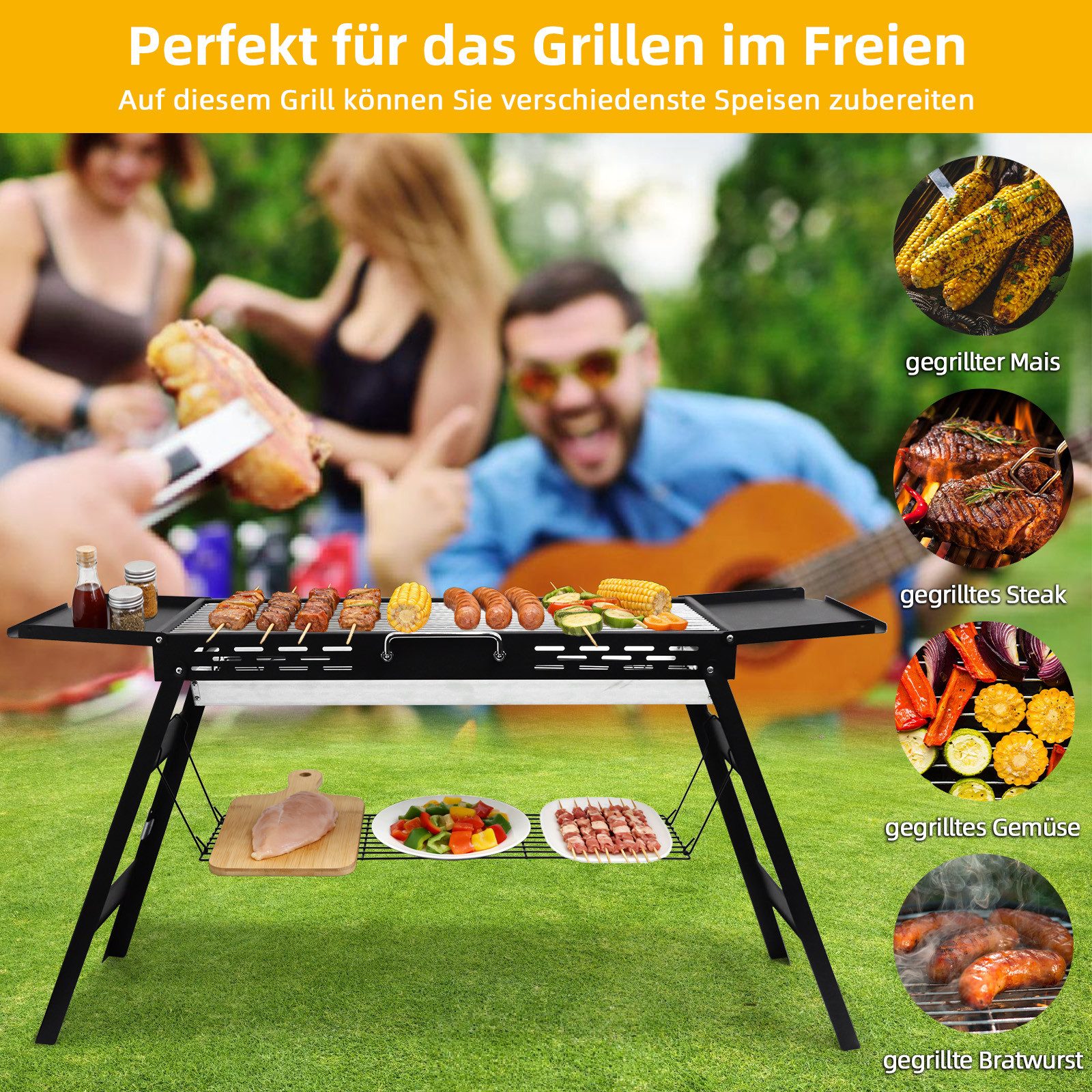 SunJas Holzkohlegrill K-603 Tragbar Klappgrill mit Praktische Seitenablagen, für 5-7 Personen, Grillfläche : 75 cm x 29,5 cm, Standgrill BBQ Grill für Garten, Terrasse & Camping